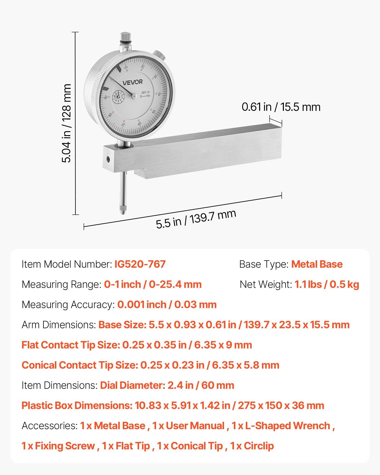 Dial Test Indicator with Metal Base, 0.03 mm Accuracy, 0-25.4mm Range, Easy to Read Large Dial, Professional V952-NJCLGJGJDBFB6AWQ1001V0