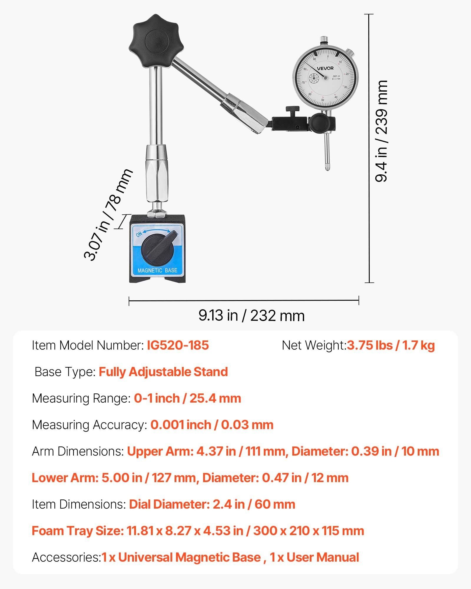 Dial Test Indicator with Magnetic Flexible Base Stand, 0.03 mm Accuracy, 0-25.4mm Range, Fine Adjustable Long V952-NJCLGJGJDBFBE9F6A001V0