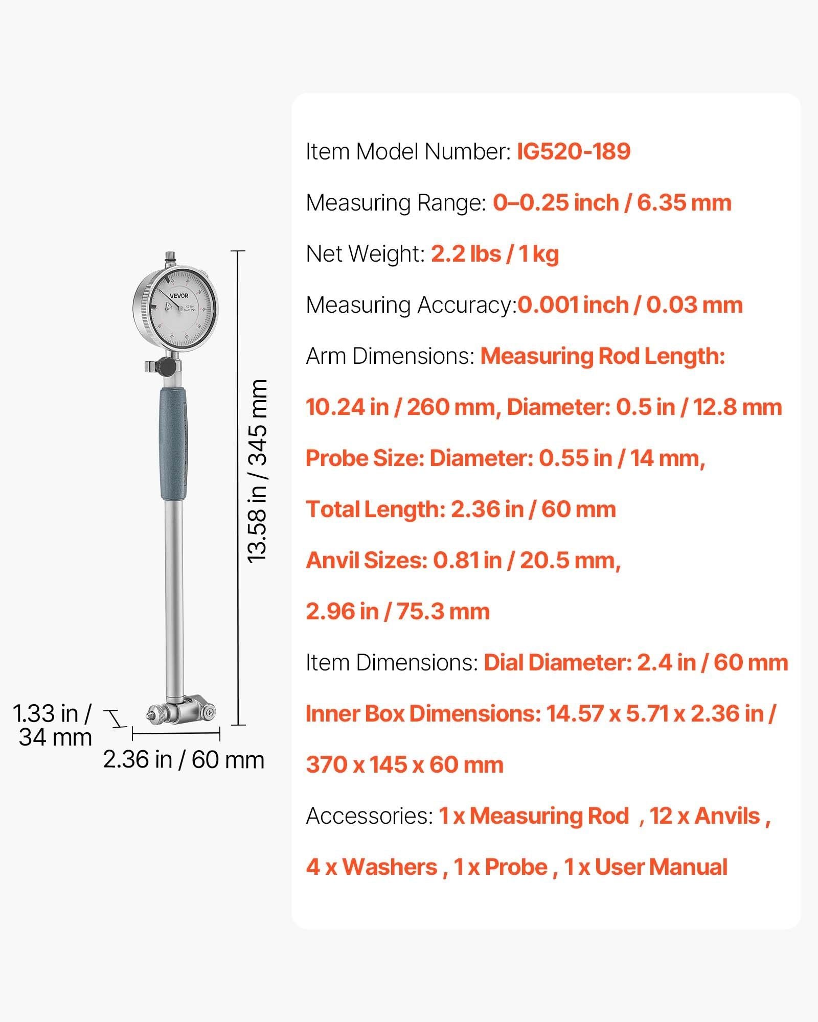 Dial Test Indicator and Bore Gauge Measuring Tool Set, Dial Indicator 0.03 mm Accuracy, 50.8-152.4 mm Bore V952-NJCLGJGJDNJBWDXZQ001V0