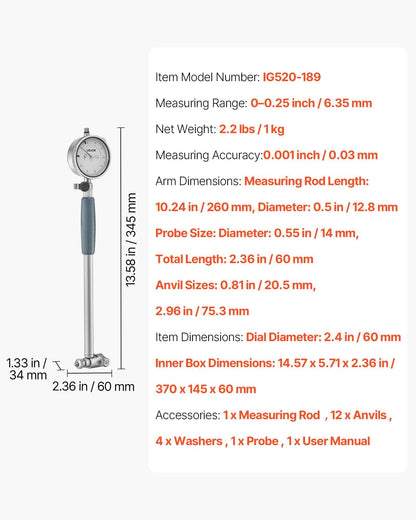 Dial Test Indicator and Bore Gauge Measuring Tool Set, Dial Indicator 0.03 mm Accuracy, 50.8-152.4 mm Bore V952-NJCLGJGJDNJBWDXZQ001V0