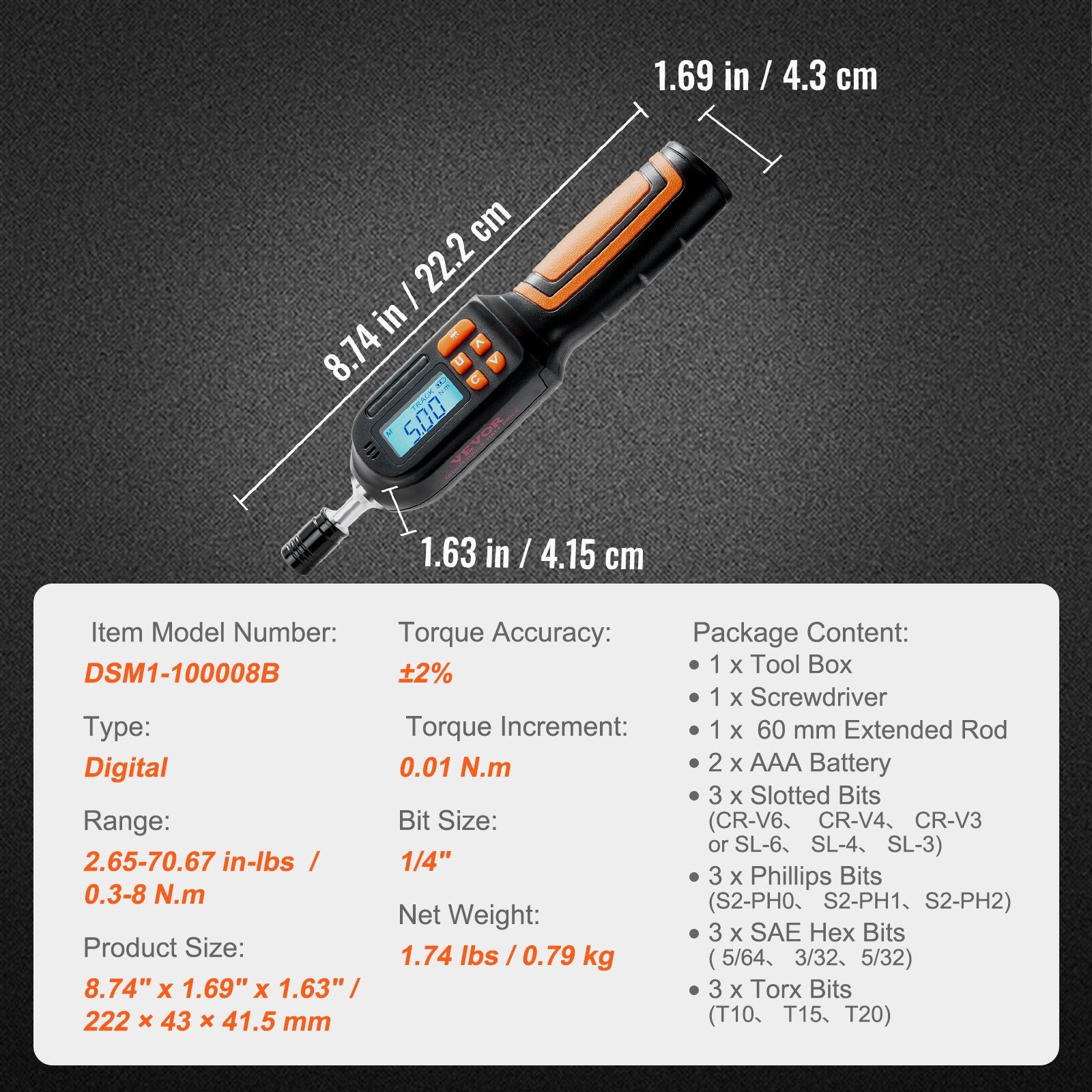Digital Torque Screwdriver 1/4" Range 2.65-70.67in/lb w/ 0.01N.m Increment V952-NJLSDSXK26670HHEWV0