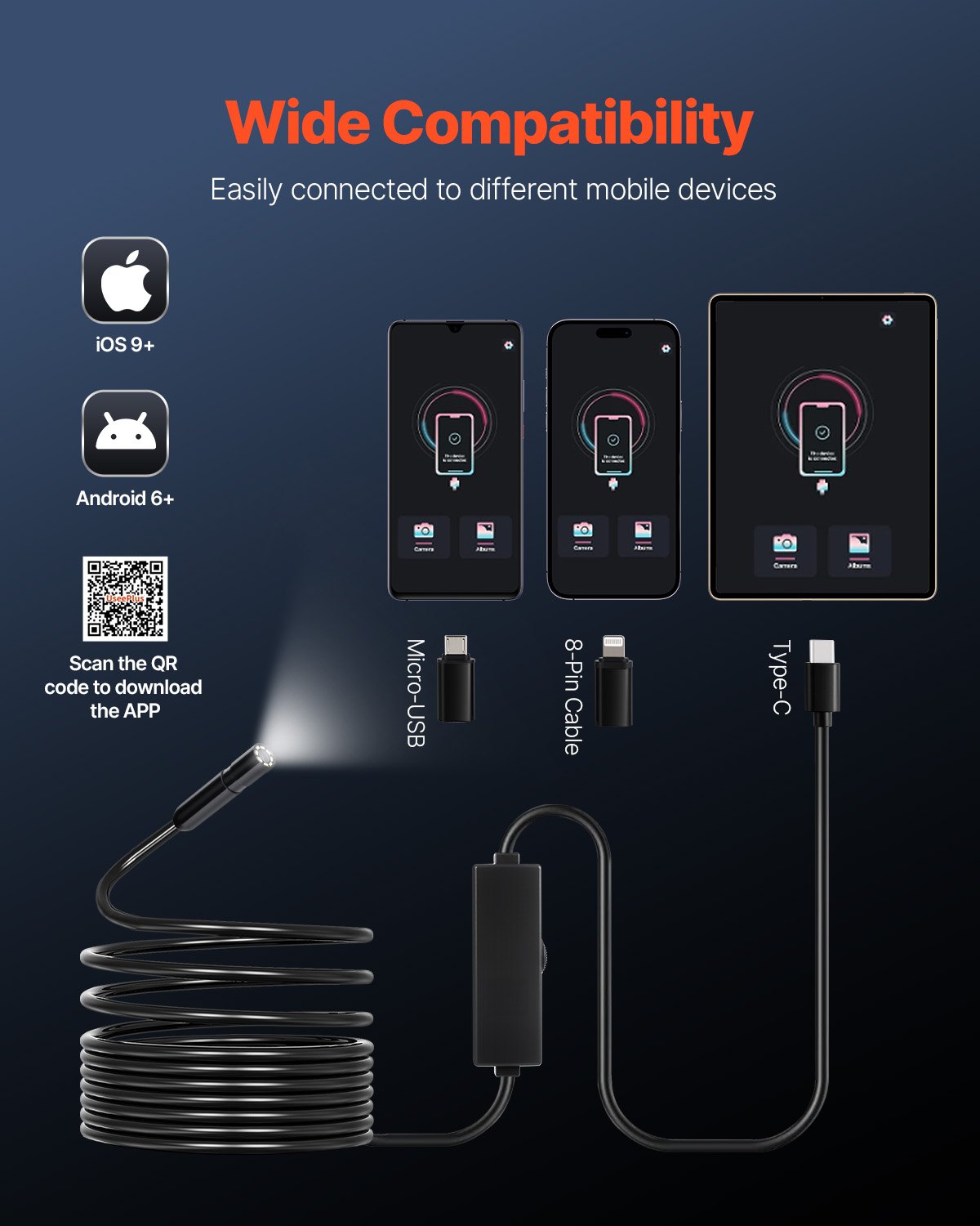 Endoscope Camera with Light, 1920P HD Borescope for Android & IOS, 8 LED Lights Inspection Camera with 5m V952-NKJSXTYX3H1DDST3N001V9