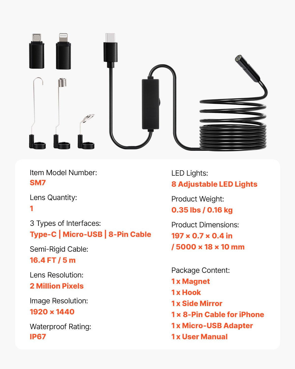 Endoscope Camera with Light, 1920P HD Borescope for Android & IOS, 8 LED Lights Inspection Camera with 5m V952-NKJSXTYX3H1DDST3N001V9