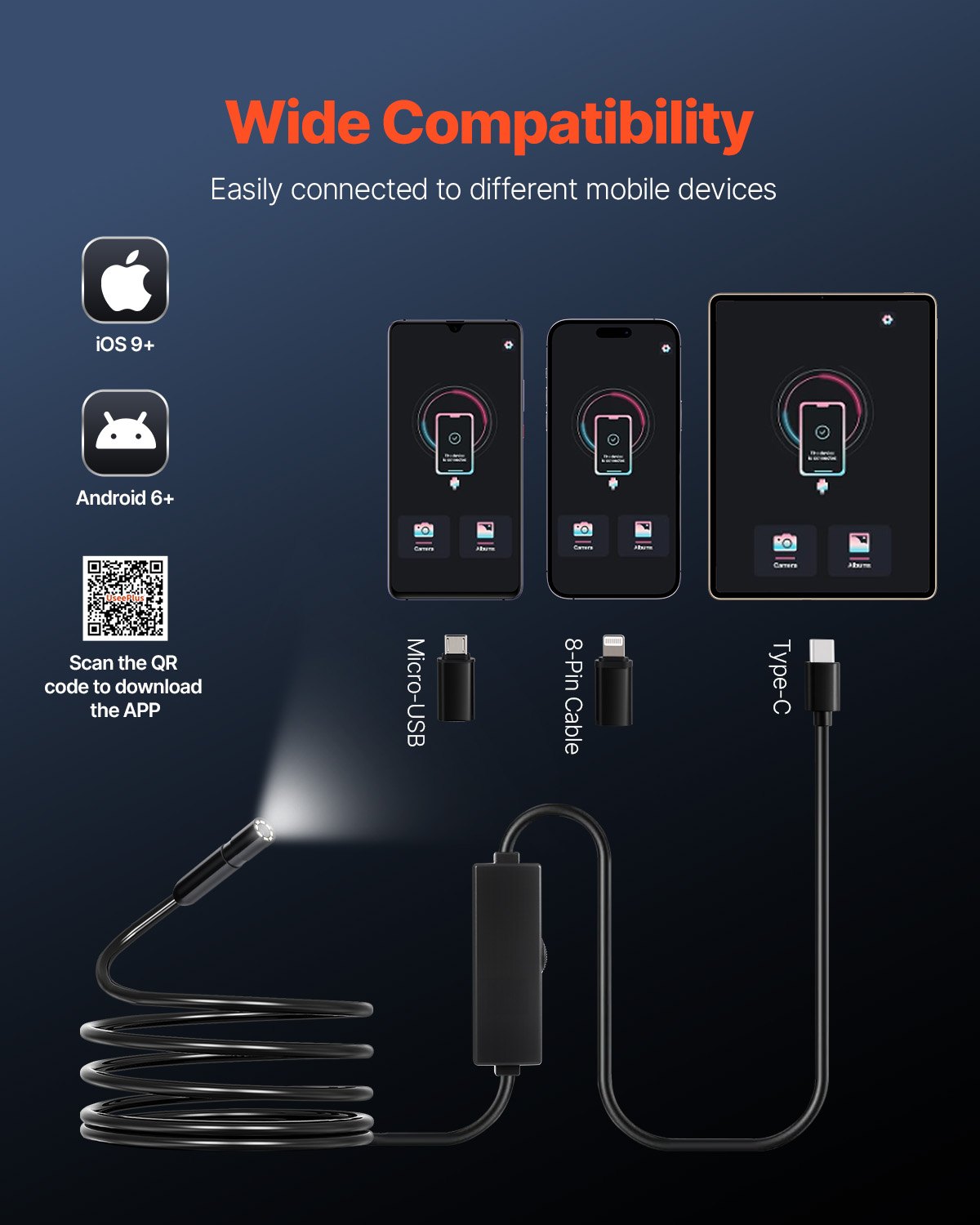 Endoscope Camera with Light, 1920P HD Borescope for Android & IOS, 8 LED Lights Inspection Camera with 3m V952-NKJSXTYX3H1DGG5KA001V9