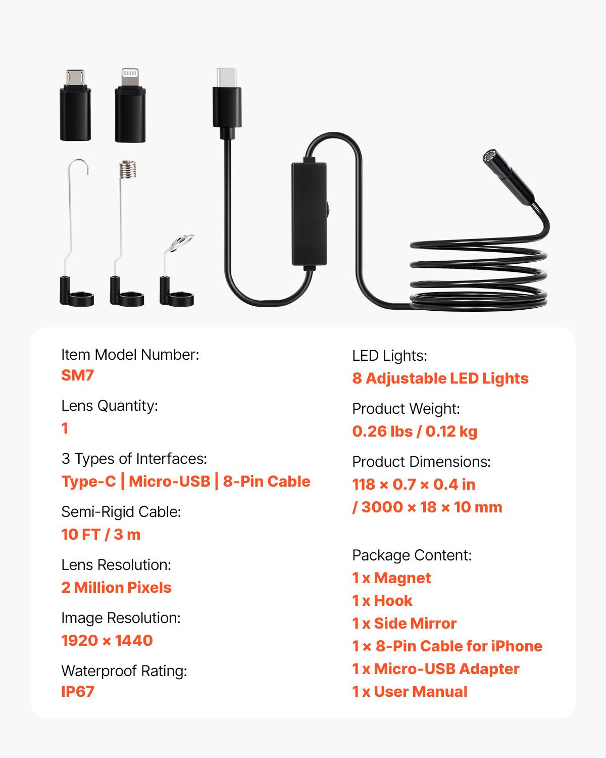 Endoscope Camera with Light, 1920P HD Borescope for Android & IOS, 8 LED Lights Inspection Camera with 3m V952-NKJSXTYX3H1DGG5KA001V9