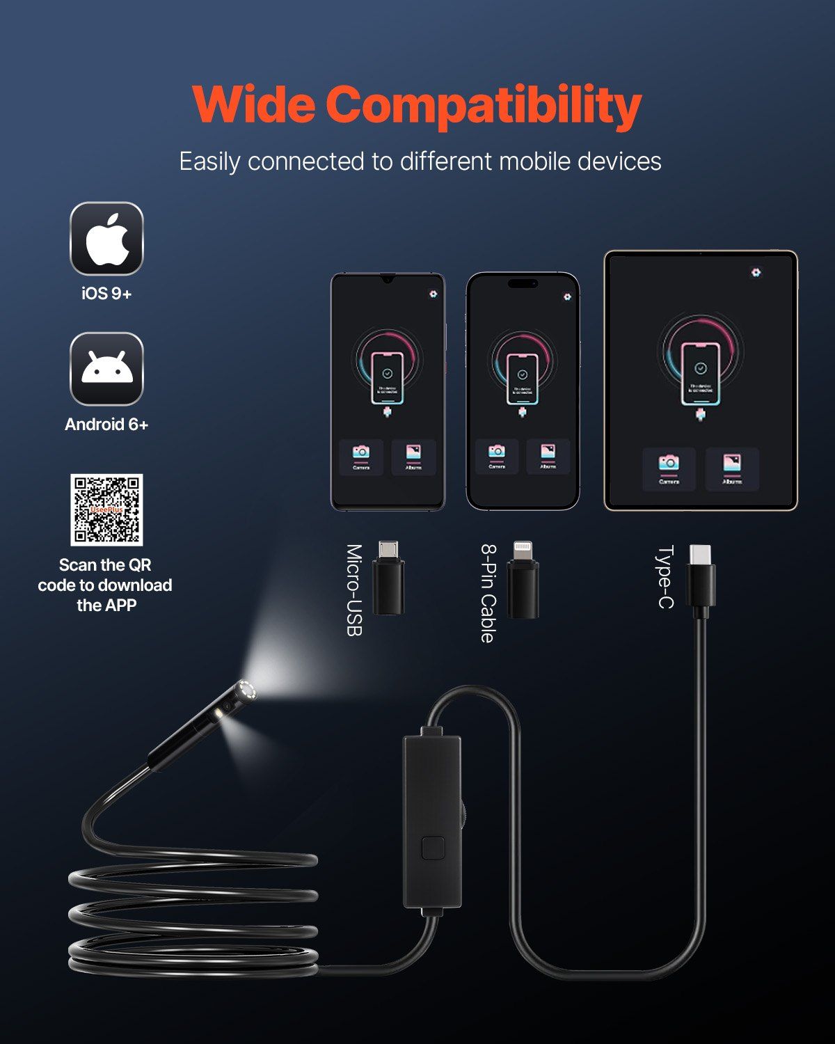 Endoscope Camera with Light, Dual Lens Borescope for Android & IOS, 1920P HD Inspection Camera with 8 + 1 LED V952-NKJSXTYX3H1SUT828001V9