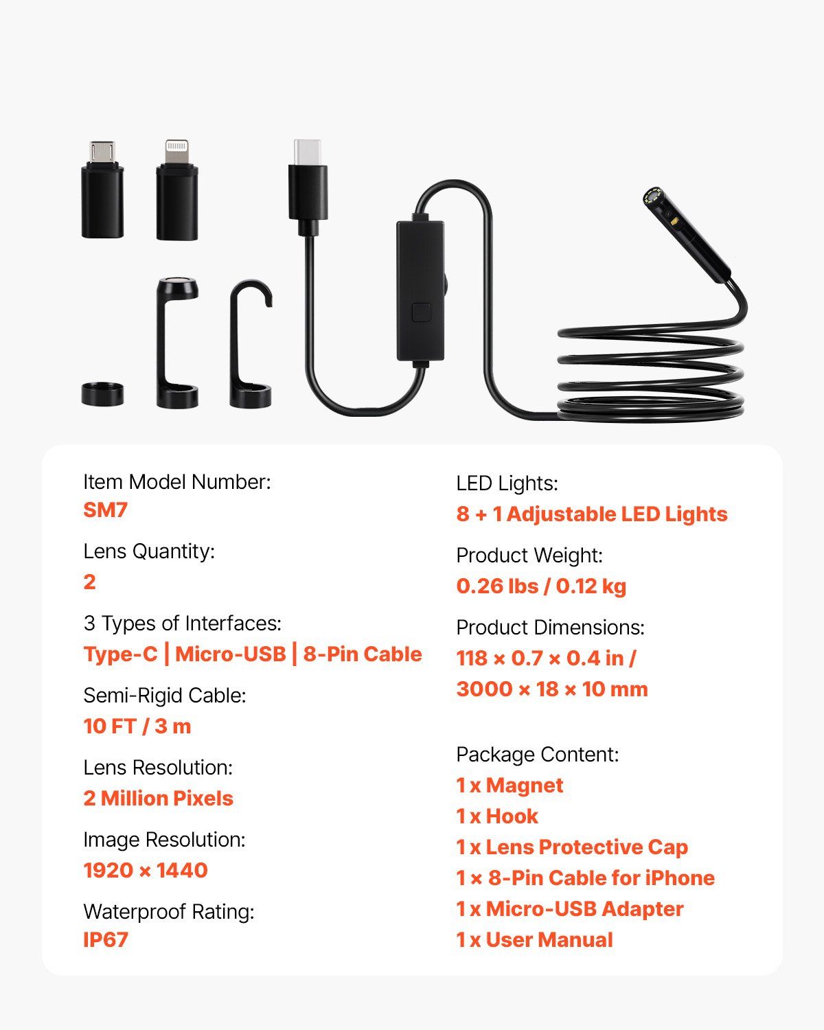 Endoscope Camera with Light, Dual Lens Borescope for Android & IOS, 1920P HD Inspection Camera with 8 + 1 LED V952-NKJSXTYX3H1SUT828001V9