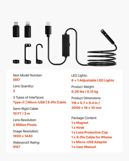 Endoscope Camera with Light, Dual Lens Borescope for Android & IOS, 1920P HD Inspection Camera with 8 + 1 LED V952-NKJSXTYX3H1SUT828001V9