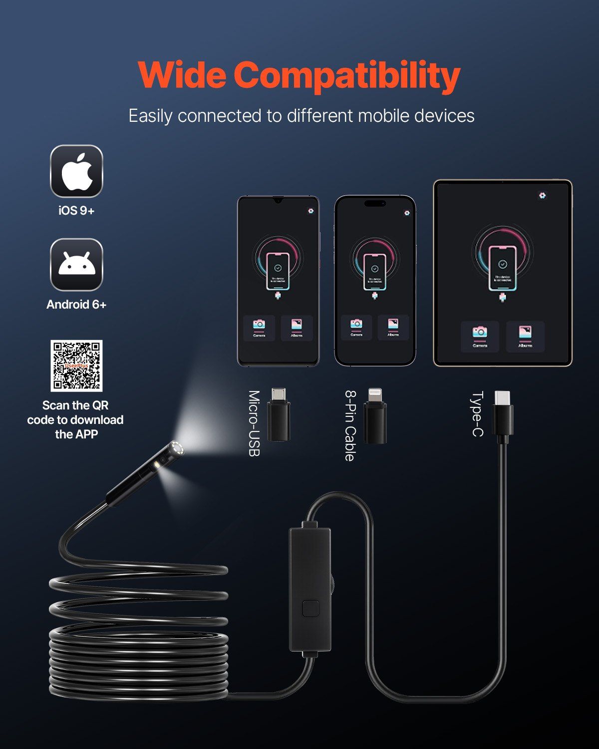 Endoscope Camera with Light, Dual Lens Borescope for Android & IOS, 1920P HD Inspection Camera with 8 + 1 LED V952-NKJSXTYX3H1SVCC3A001V9