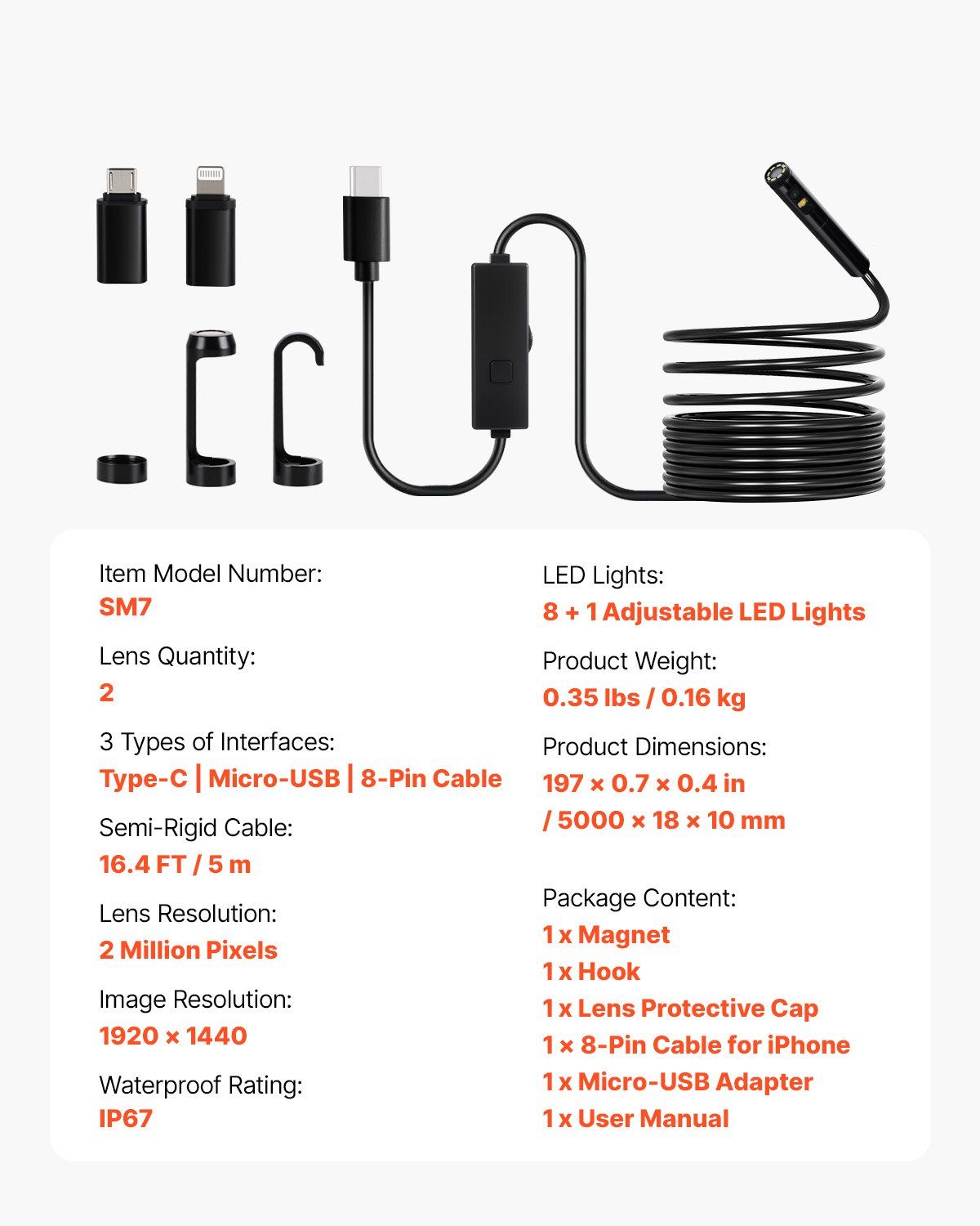Endoscope Camera with Light, Dual Lens Borescope for Android & IOS, 1920P HD Inspection Camera with 8 + 1 LED V952-NKJSXTYX3H1SVCC3A001V9