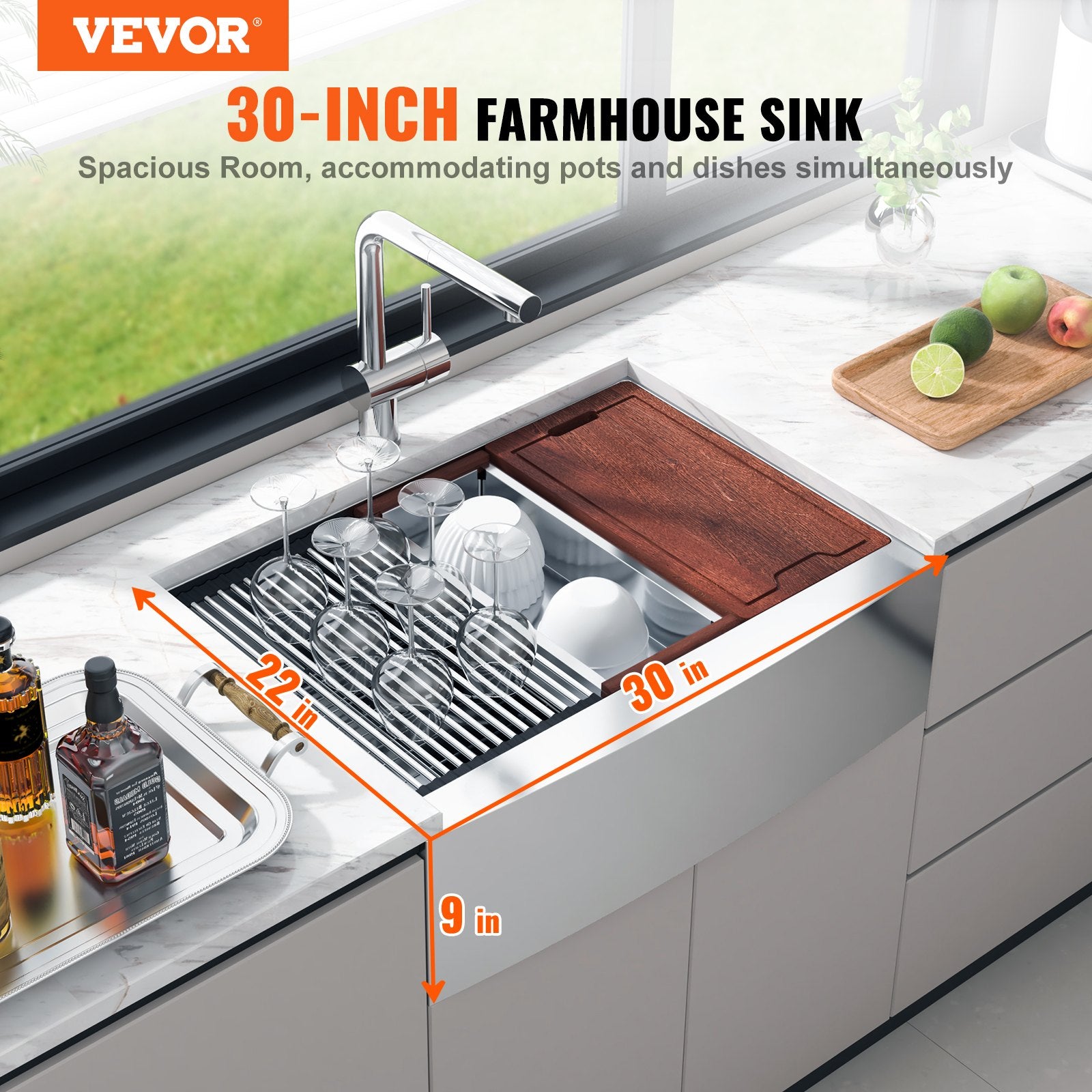 Farmhouse Kitchen Sink, 304 Stainless Steel Drop-In Sinks, Top Mount Single Bowl Basin with Ledge & V952-NSSC30YCYTJ066NW9V0