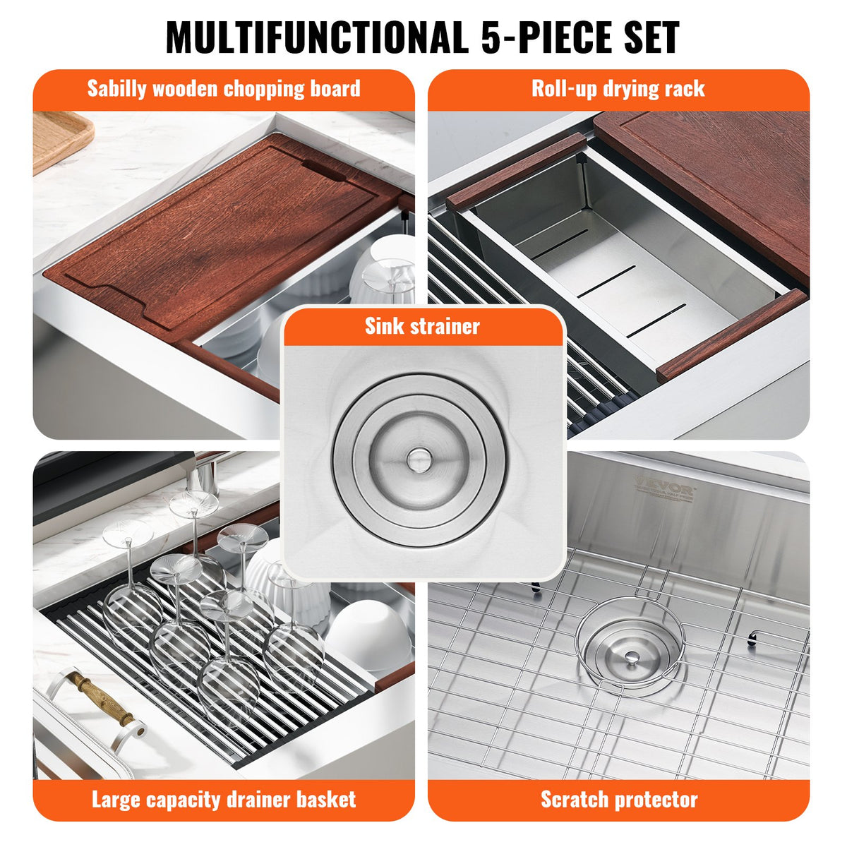 Farmhouse Kitchen Sink, 304 Stainless Steel Drop-In Sinks, Top Mount Single Bowl Basin with Ledge & V952-NSSC30YCYTJ066NW9V0