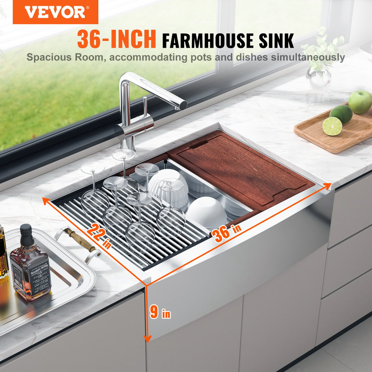 Farmhouse Kitchen Sink, 304 Stainless Steel Drop-In Sinks, Top Mount Single Bowl Basin with Ledge & V952-NSSC36YCYTJ0XIDTRV0