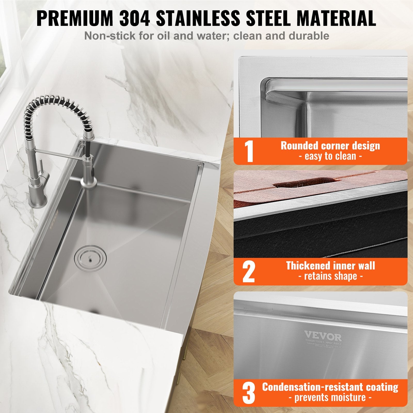 Farmhouse Kitchen Sink, 304 Stainless Steel Drop-In Sinks, Top Mount Single Bowl Basin with Ledge & V952-NSSC36YCYTJ0XIDTRV0