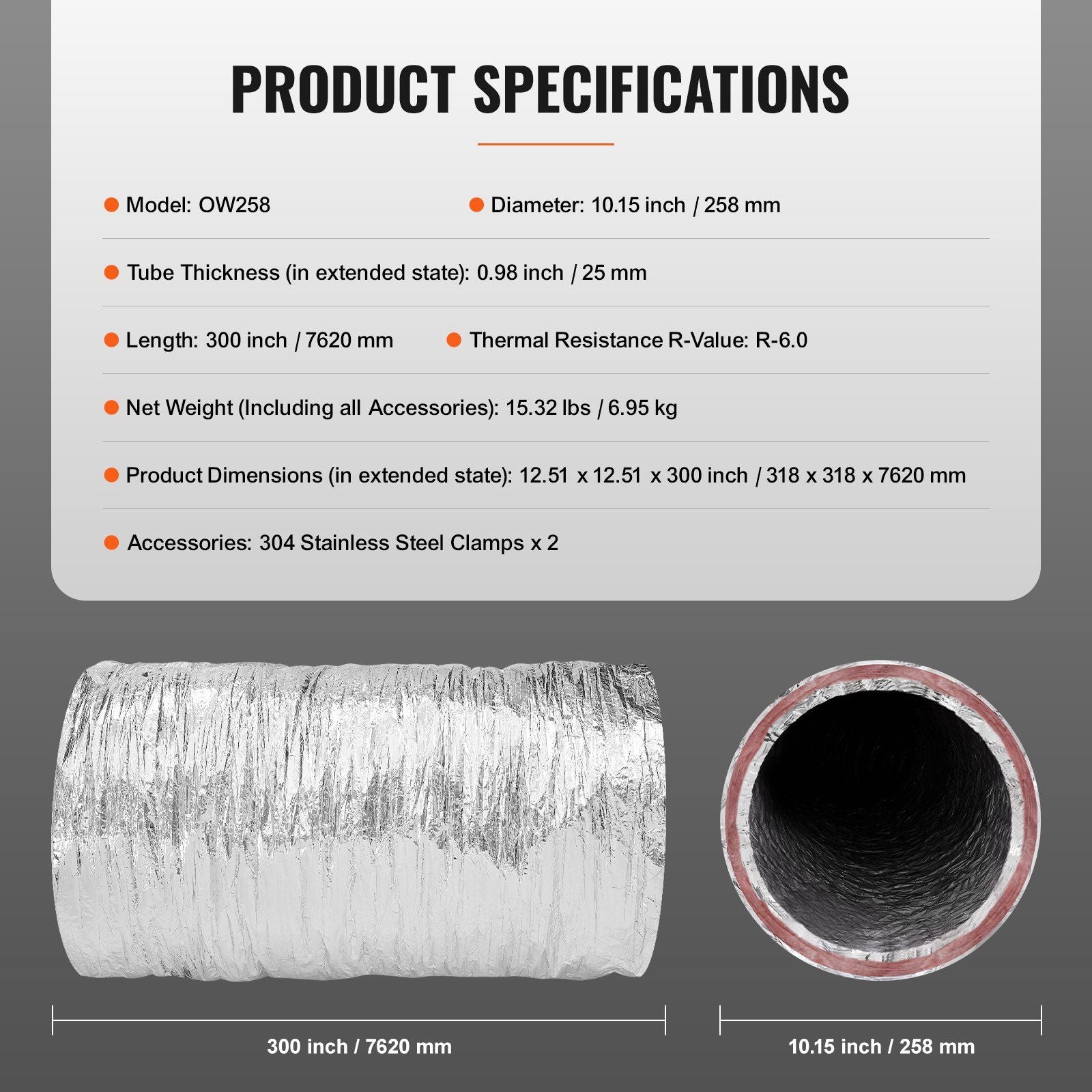 Dryer Vent Hose, 254MM Insulated Flexible Duct 7.62M Long with 2 Duct Clamps, Heavy-Duty Three Layer V952-NTJYGD25FT10QYOJ1V0