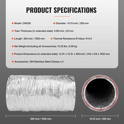 Dryer Vent Hose, 254MM Insulated Flexible Duct 7.62M Long with 2 Duct Clamps, Heavy-Duty Three Layer V952-NTJYGD25FT10QYOJ1V0
