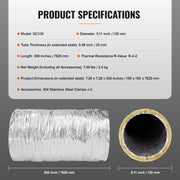 Dryer Vent Hose, 127MM Insulated Flexible Duct 7.62M Long with 2 Duct Clamps, Heavy-Duty Three Layer V952-NTJYGD25FT5G9RW3EV0