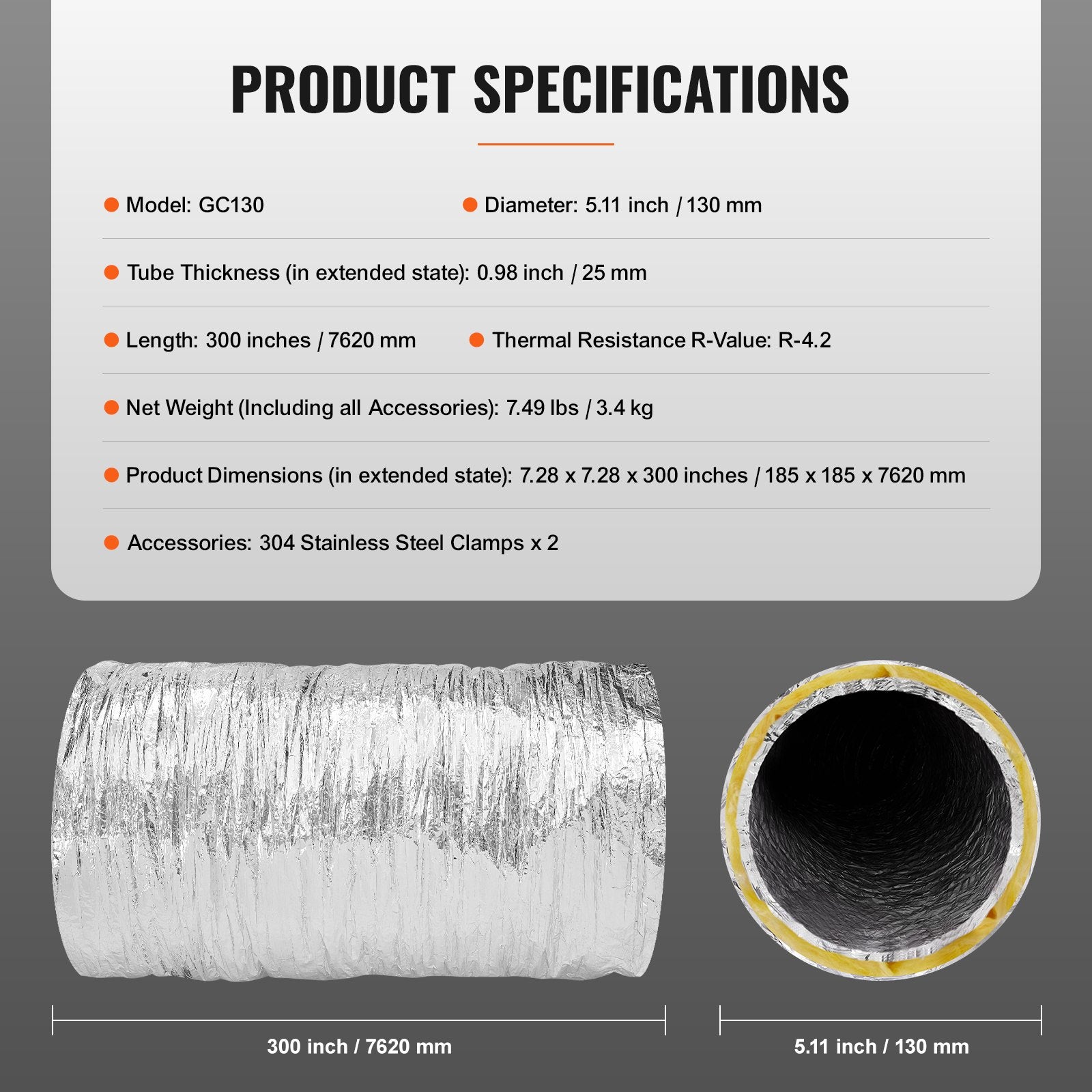 Dryer Vent Hose, 127MM Insulated Flexible Duct 7.62M Long with 2 Duct Clamps, Heavy-Duty Three Layer V952-NTJYGD25FT5G9RW3EV0