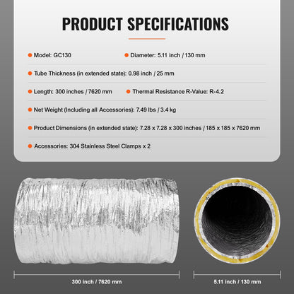Dryer Vent Hose, 127MM Insulated Flexible Duct 7.62M Long with 2 Duct Clamps, Heavy-Duty Three Layer V952-NTJYGD25FT5G9RW3EV0