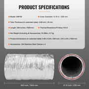 Dryer Vent Hose, 152.4MM Insulated Flexible Duct 7.62M Long with 2 Duct Clamps, Heavy-Duty Three Layer V952-NTJYGD625FT020G41V0