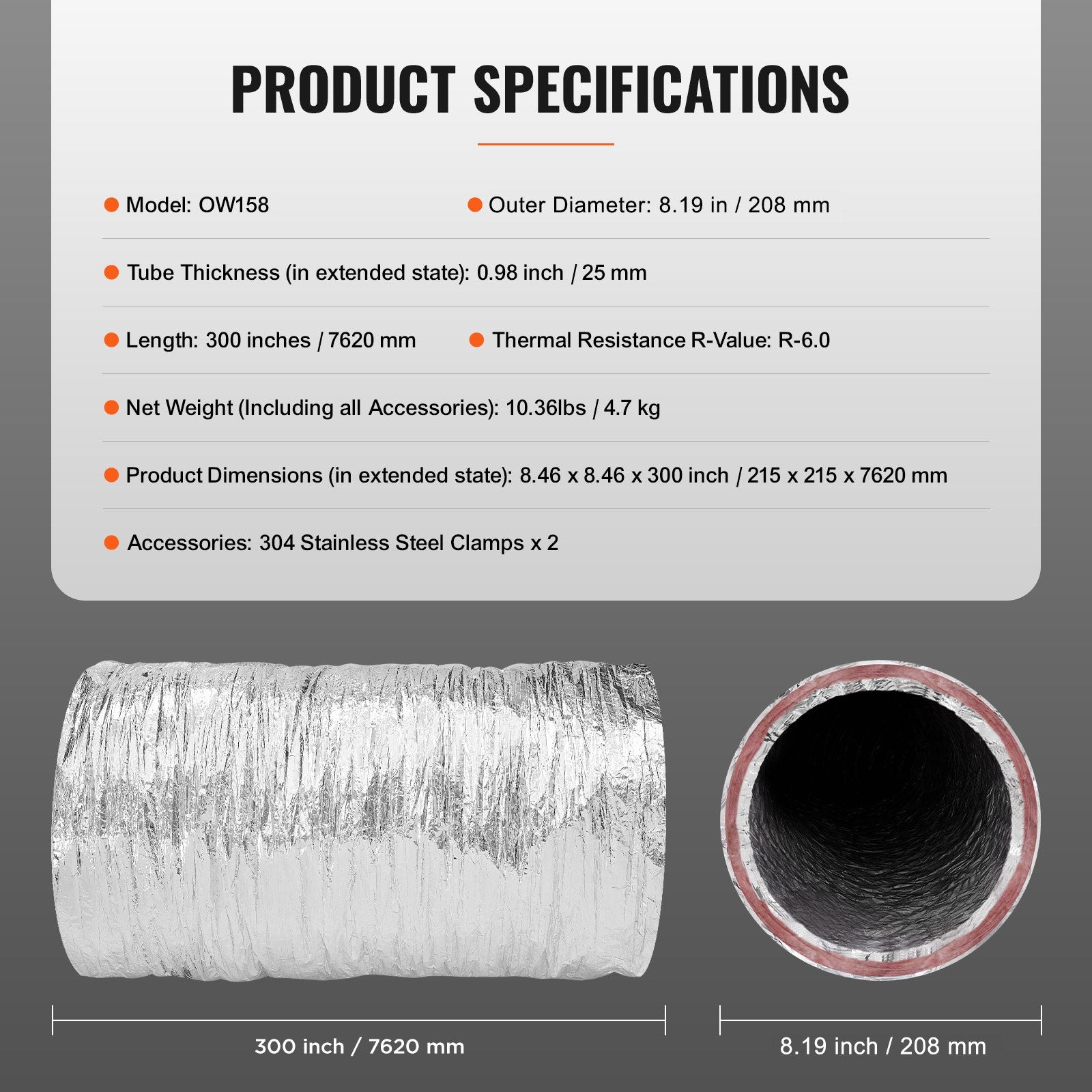 Dryer Vent Hose, 152.4MM Insulated Flexible Duct 7.62M Long with 2 Duct Clamps, Heavy-Duty Three Layer V952-NTJYGD625FT020G41V0