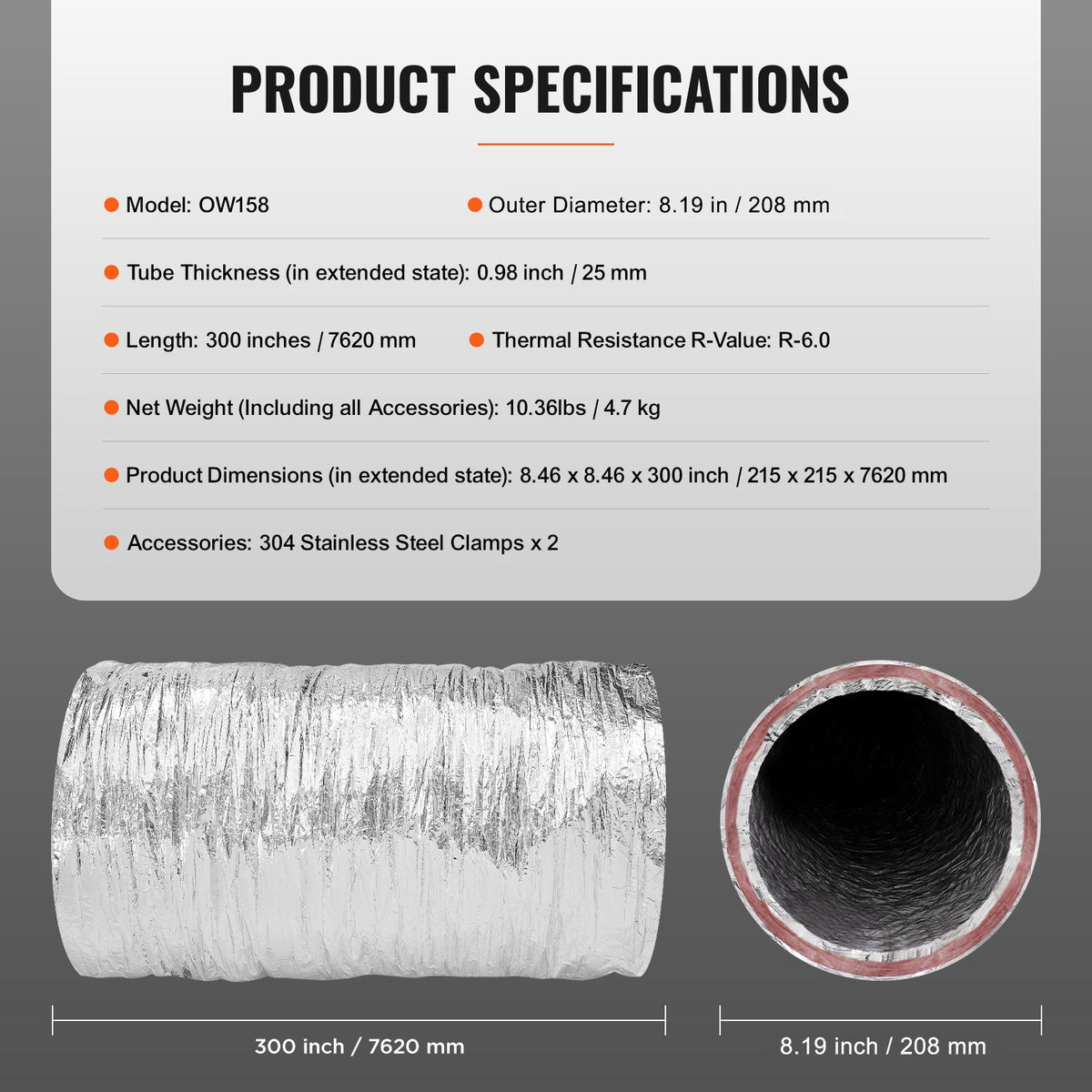 Dryer Vent Hose, 152.4MM Insulated Flexible Duct 7.62M Long with 2 Duct Clamps, Heavy-Duty Three Layer V952-NTJYGD625FT020G41V0