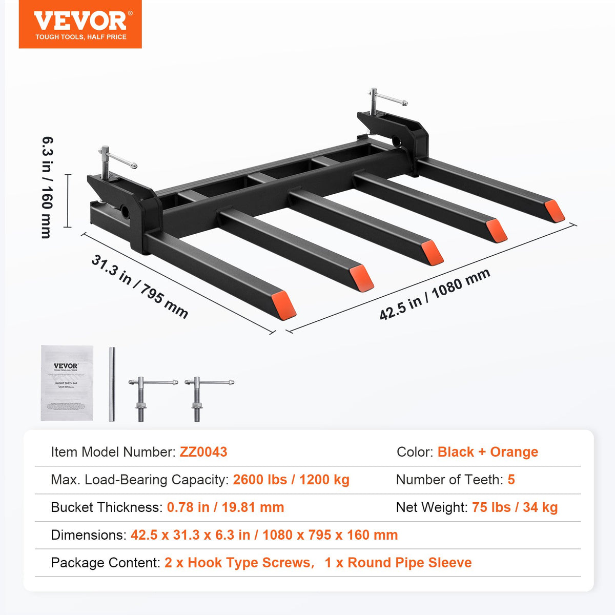 Clamp on Debris Forks to 1200 mm Bucket, 1200 kg Capacity Heavy Duty Clamp on Pallet Forks Attachments, Fit V952-NYCDCC480000YRZ31V0