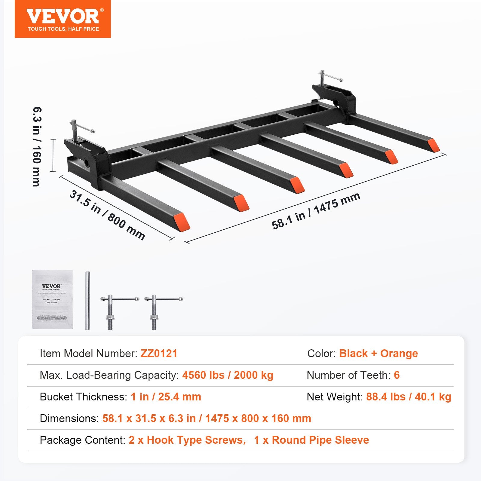 Clamp on Debris Forks to 1500 mm Bucket, 2000 kg Capacity Heavy Duty Clamp on Pallet Forks Bucket, Fit for V952-NYCDCC600000OIKRTV0