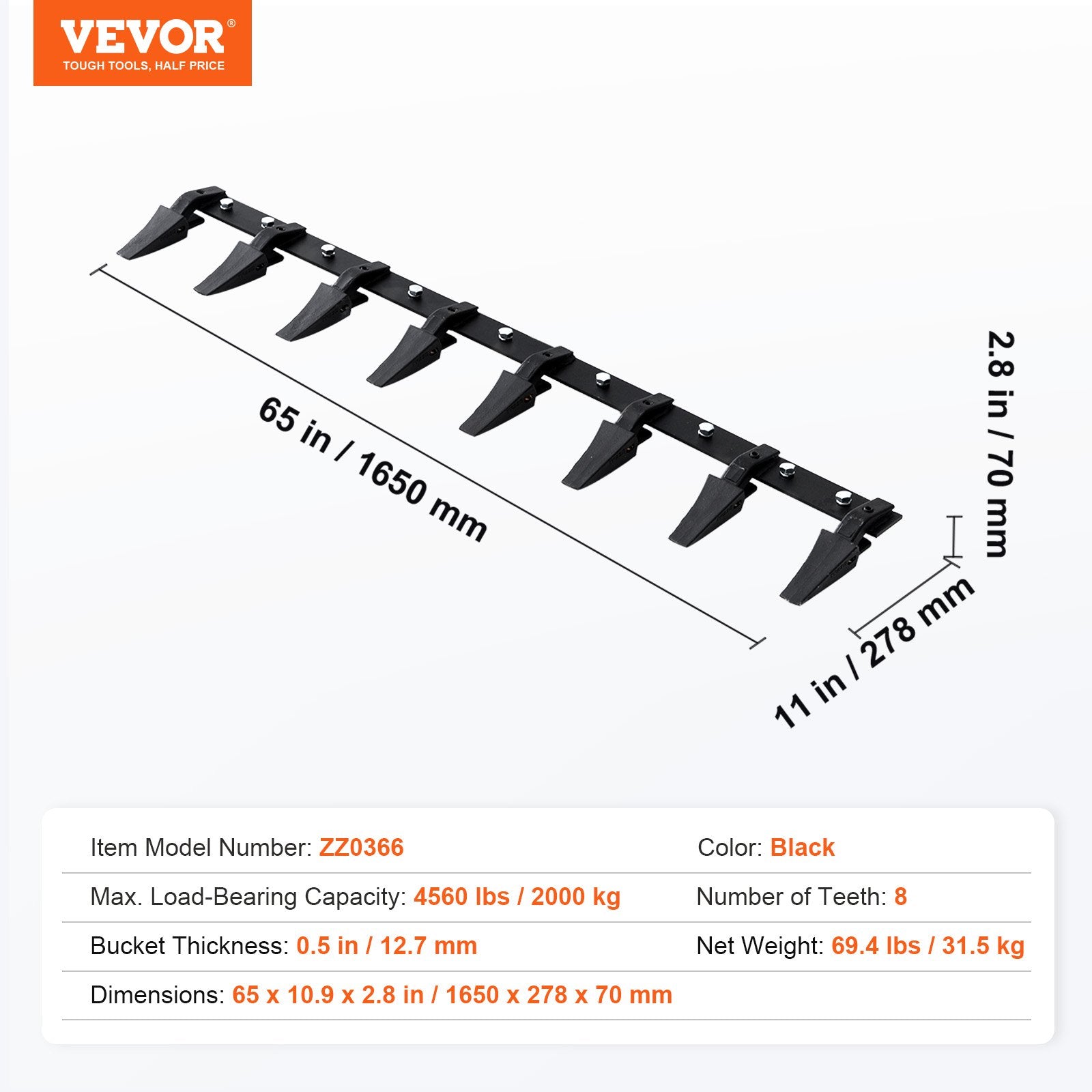 Bucket Tooth Bar, 1650mm, Heavy Duty Tractor Bucket 8 Teeth Bar for Loader Tractor Skidsteer, 2000 kg V952-NYCDWJC66INCNEM28V0