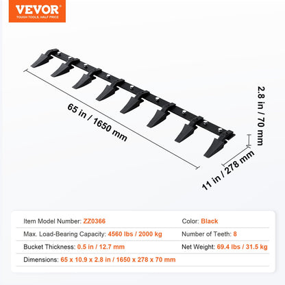Bucket Tooth Bar, 1650mm, Heavy Duty Tractor Bucket 8 Teeth Bar for Loader Tractor Skidsteer, 2000 kg V952-NYCDWJC66INCNEM28V0