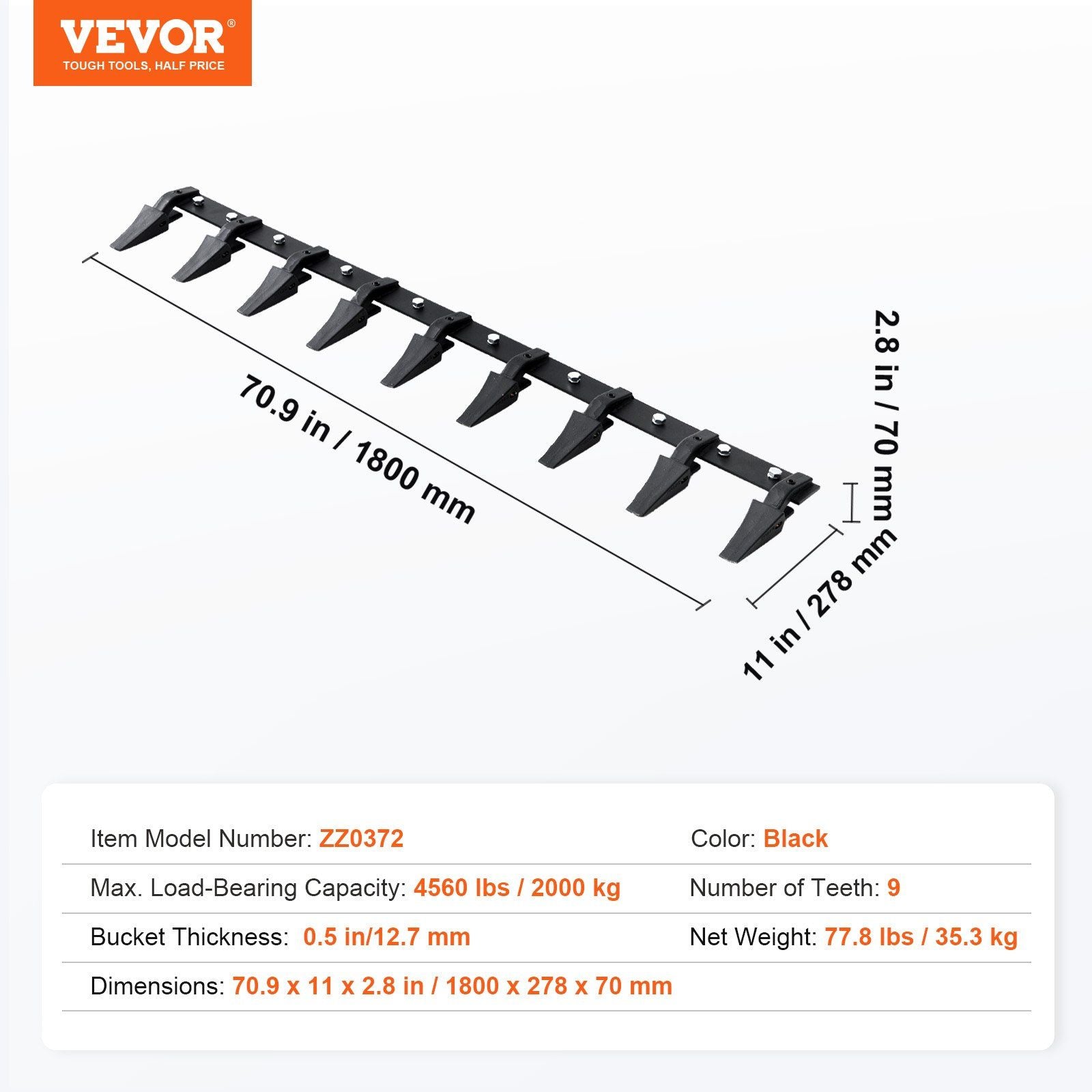 Bucket Tooth Bar, 1800mm, Heavy Duty Tractor Bucket 9 Teeth Bar for Loader Tractor Skidsteer, 2000 kg V952-NYCDWJC72ZTSO9MC2V0