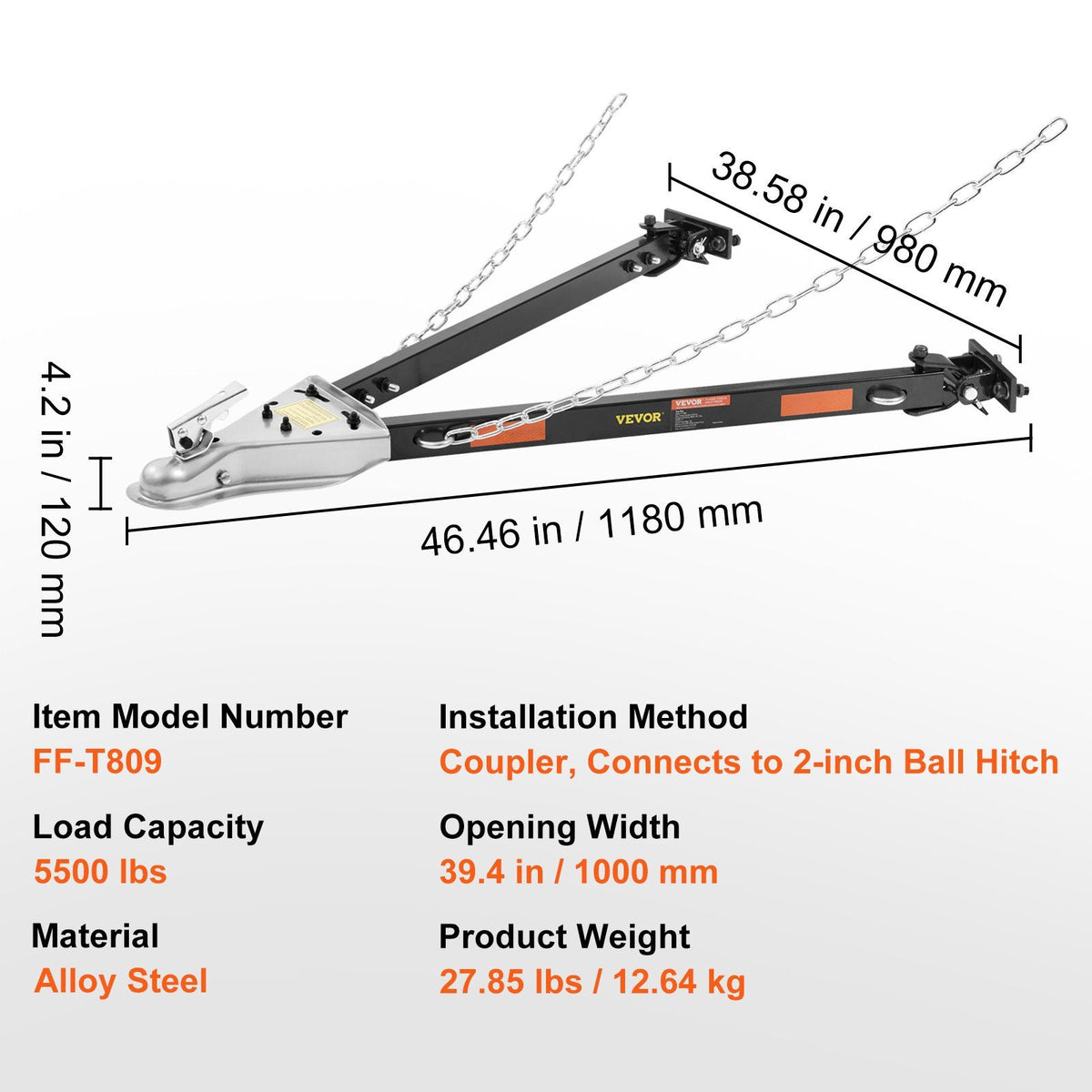 Tow Bar, 2495 kg Towing Capacity with Chains, Powder-Coating Alloy Steel Bumper-Mounted Universal Towing Bar, V952-OHQLJB5500IB0C9B0V0