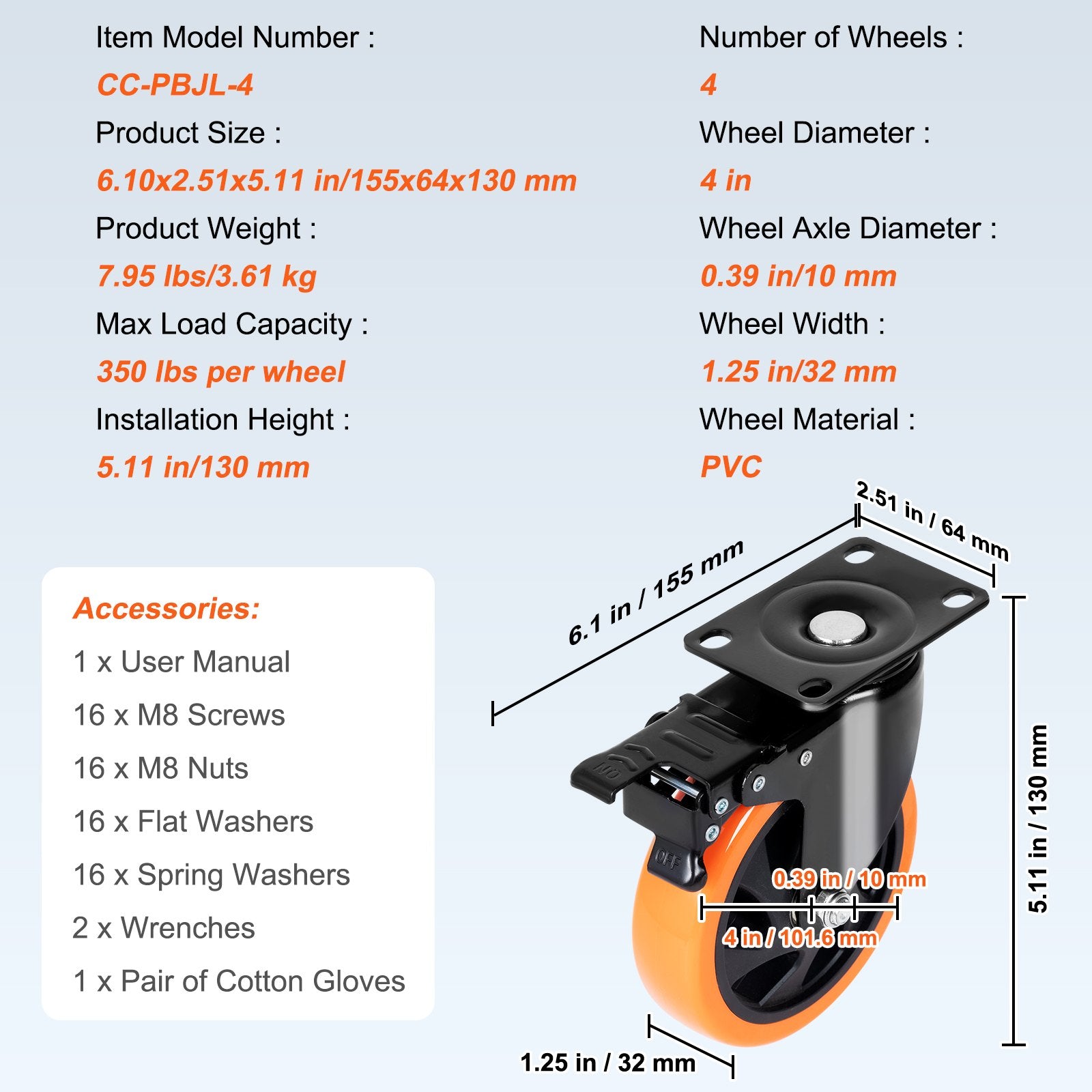 Caster Wheels, 101.6 mm Swivel Plate Casters, Set of 4, with Security A/B Locking No Noise PVC Wheels, Heavy V952-PBJLCSJAZ4J3LNWL1V0