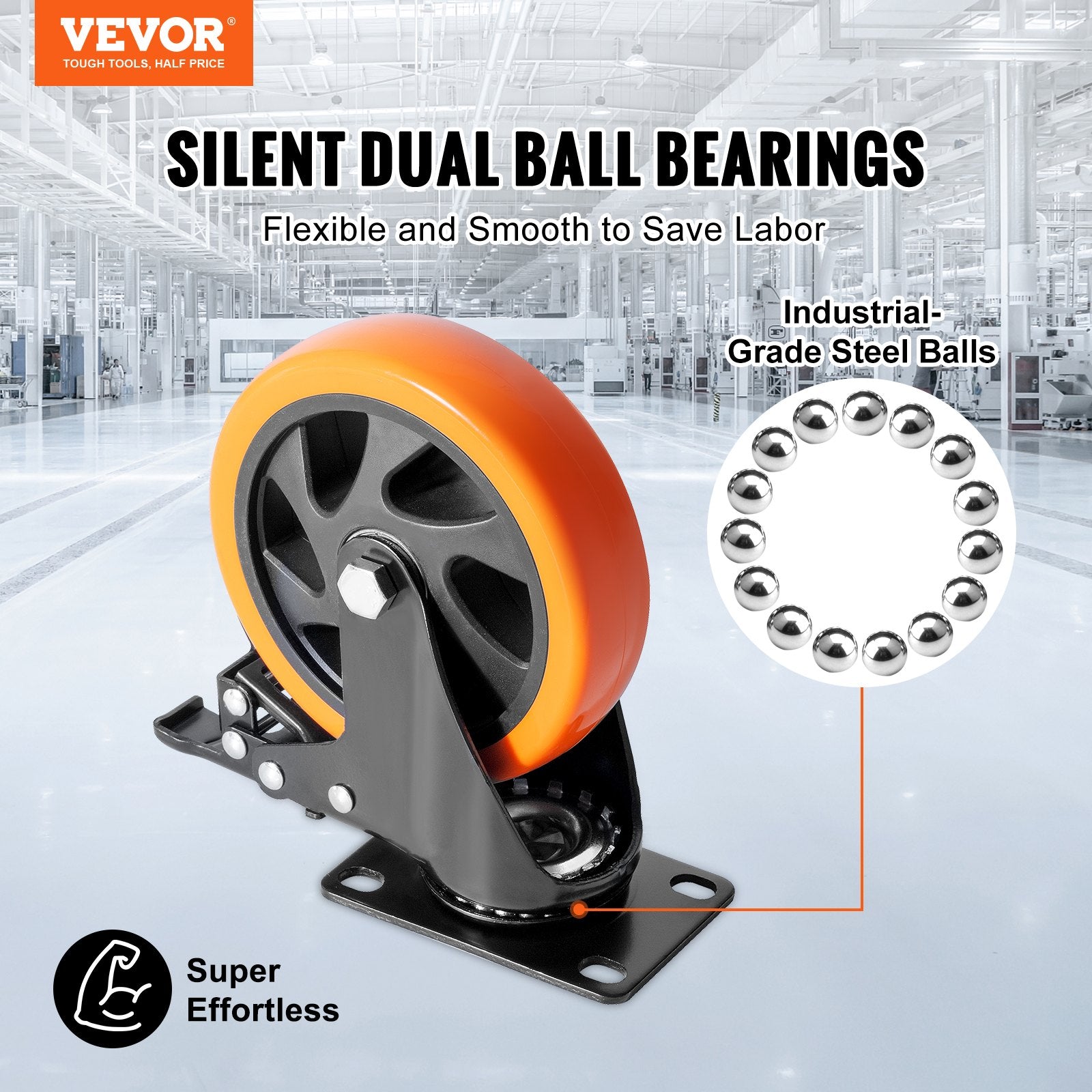 Caster Wheels, 127 mm Swivel Plate Casters, Set of 4, with Security A/B Locking No Noise PVC Wheels, Heavy V952-PBJLCSJAZ4J4XPOVCV0