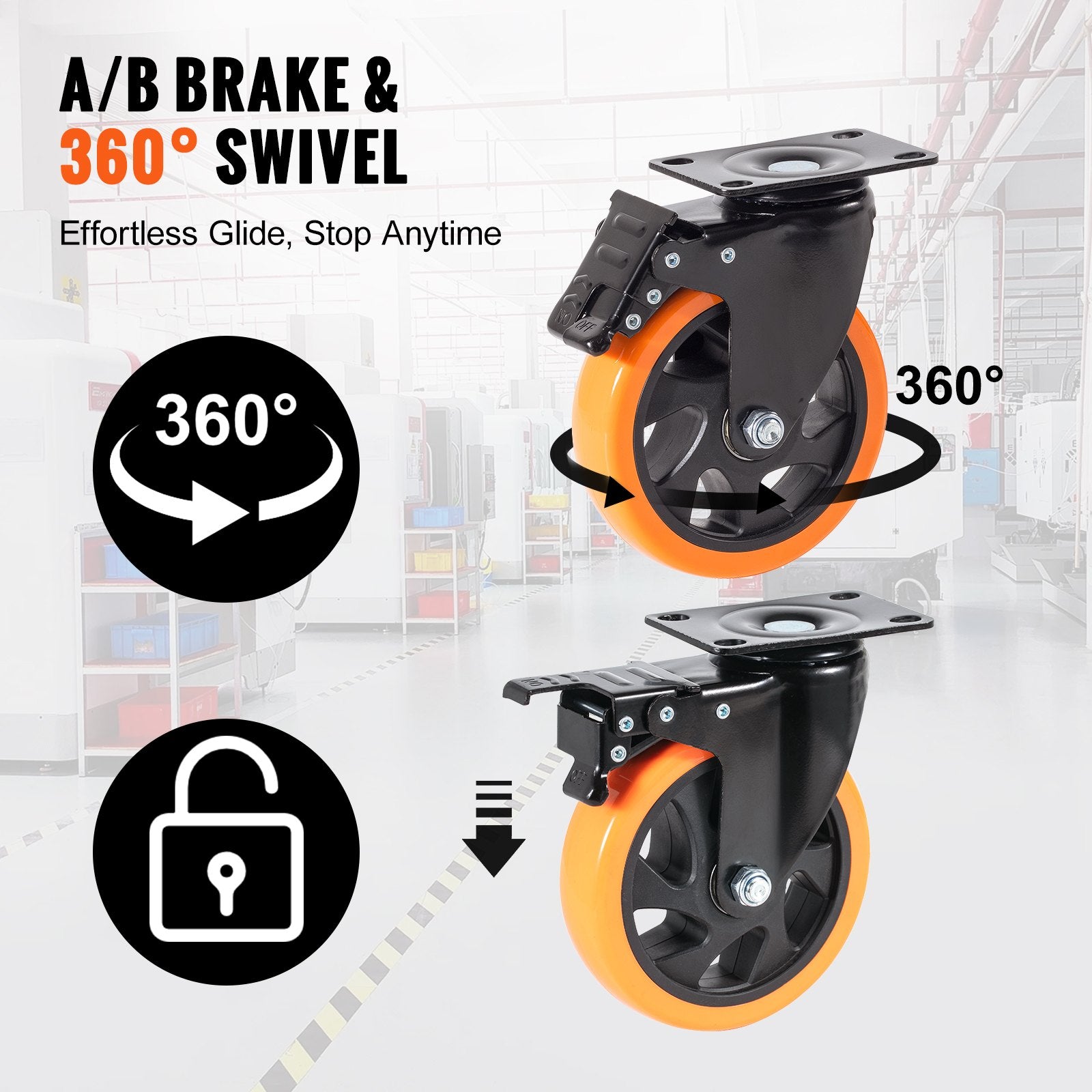 Caster Wheels, 127 mm Swivel Plate Casters, Set of 4, with Security A/B Locking No Noise PVC Wheels, Heavy V952-PBJLCSJAZ4J4XPOVCV0
