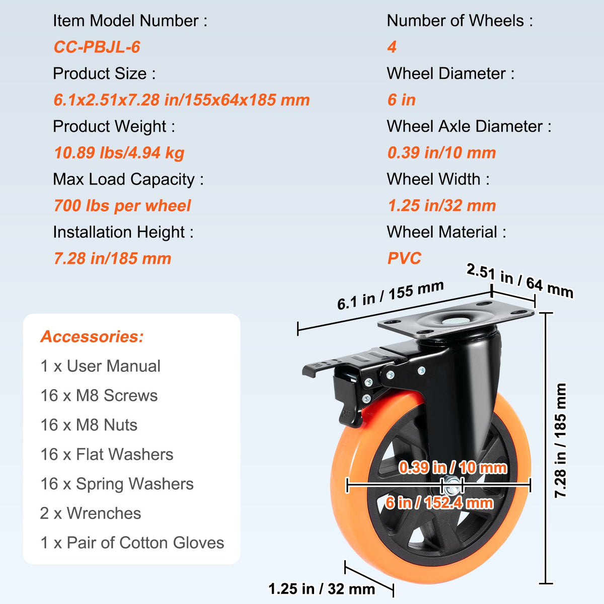 Caster Wheels, 152.4 mm Swivel Plate Casters, Set of 4, with Security A/B Locking No Noise PVC Wheels, Heavy V952-PBJLCSJAZ4J56BOYXV0