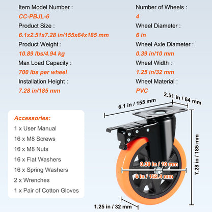 Caster Wheels, 152.4 mm Swivel Plate Casters, Set of 4, with Security A/B Locking No Noise PVC Wheels, Heavy V952-PBJLCSJAZ4J56BOYXV0