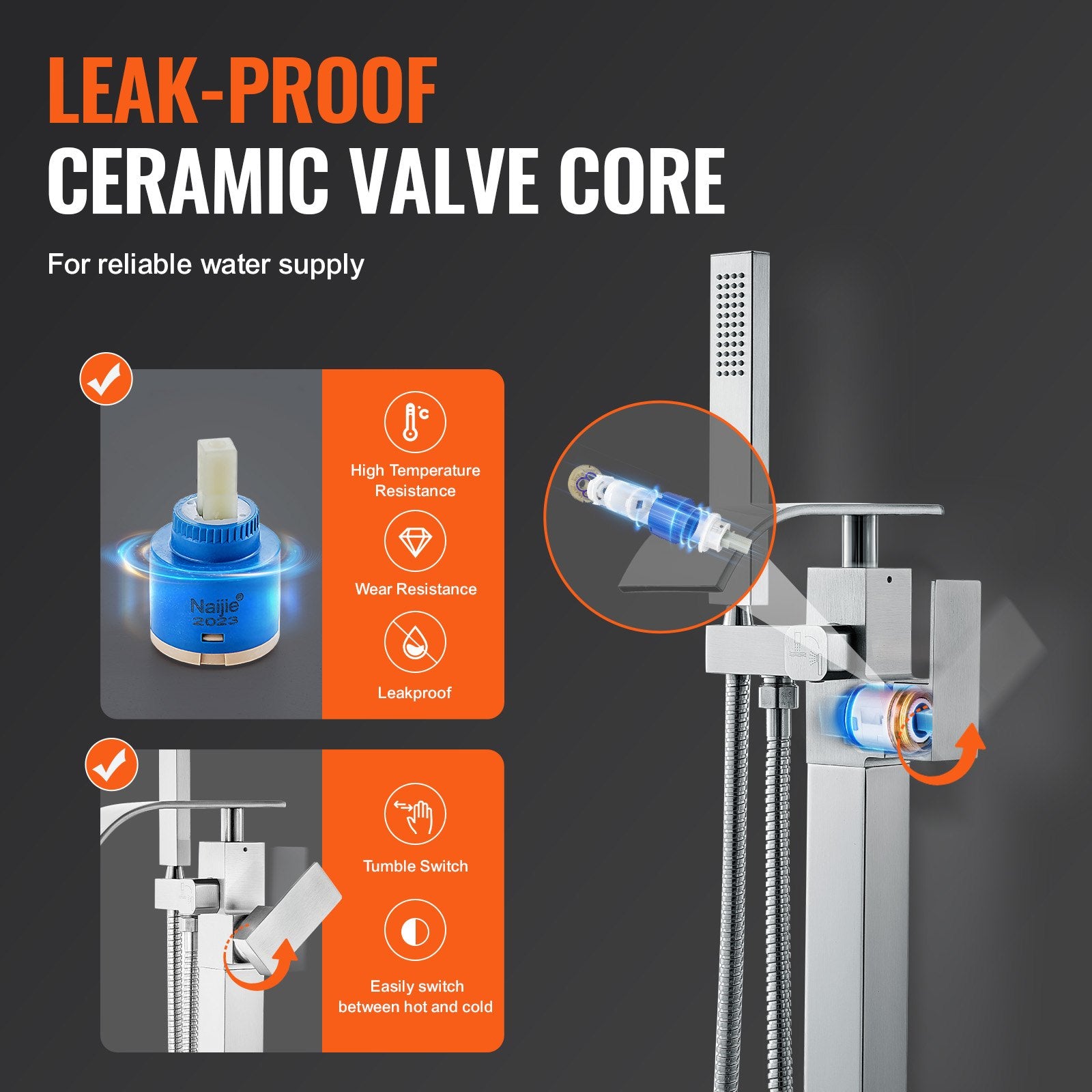 Freestanding Bathtub Faucet, Floor Mount, Freestanding Tub Filler, Shower Mixer Taps, Two Water Modes, Swivel V952-PBKSLTLSNSFXVFF0JV0