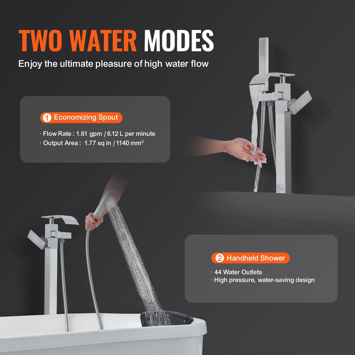Freestanding Bathtub Faucet, Floor Mount, Freestanding Tub Filler, Shower Mixer Taps, Two Water Modes, Swivel V952-PBKSLTLSNSFXVFF0JV0