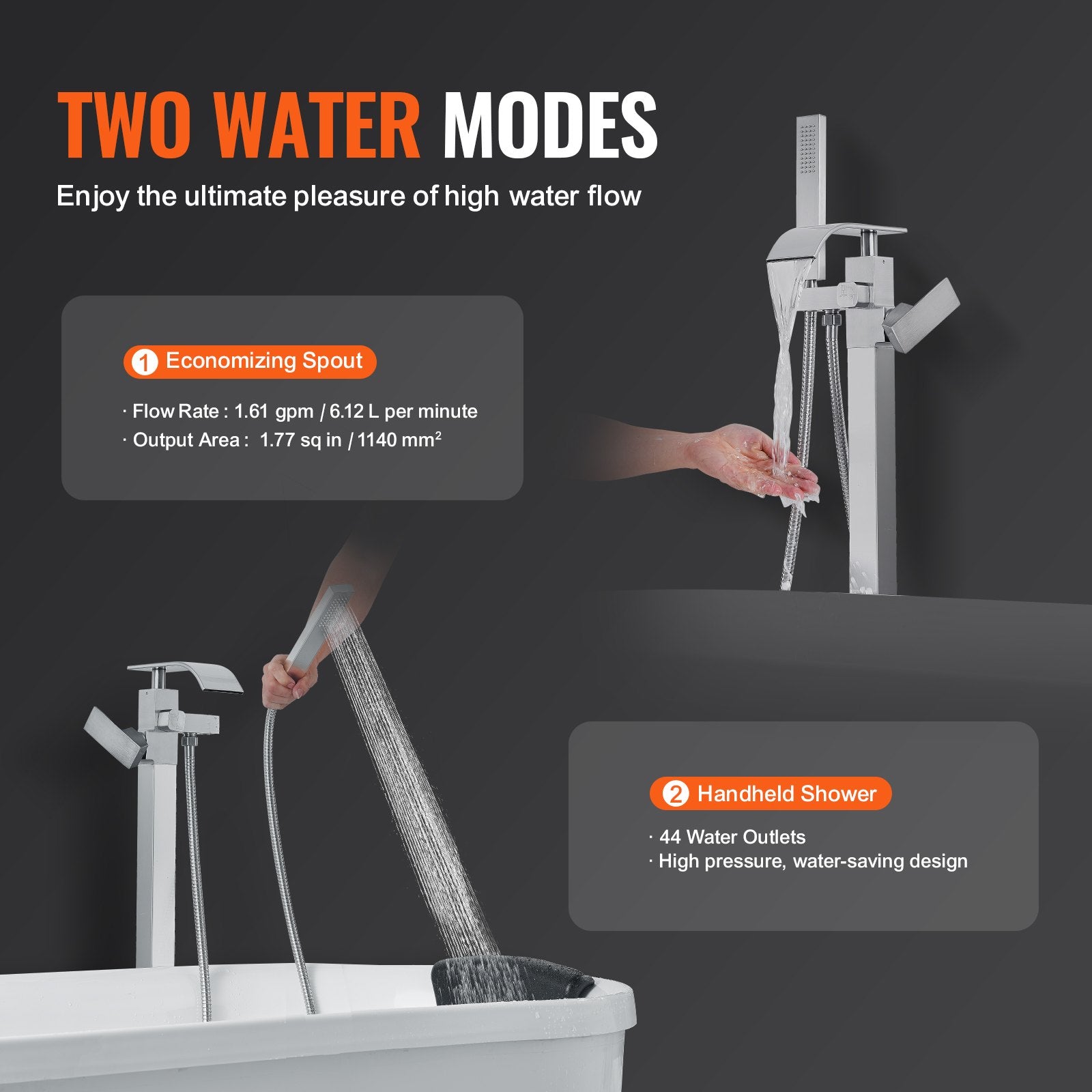 Freestanding Bathtub Faucet, Floor Mount, Freestanding Tub Filler, Shower Mixer Taps, Two Water Modes, Swivel V952-PBKSLTLSNSFXVFF0JV0