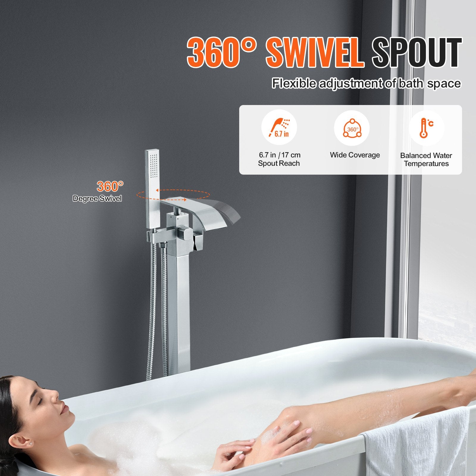 Freestanding Bathtub Faucet, Floor Mount, Freestanding Tub Filler, Shower Mixer Taps, Two Water Modes, Swivel V952-PBKSLTLSNSFXVFF0JV0