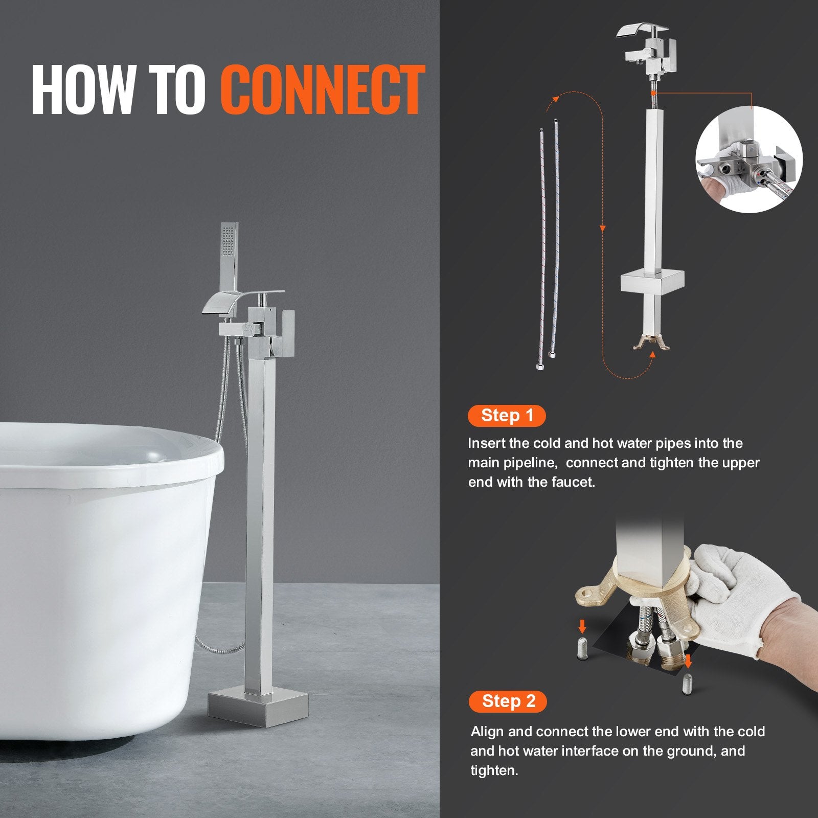 Freestanding Bathtub Faucet, Floor Mount, Freestanding Tub Filler, Shower Mixer Taps, Two Water Modes, Swivel V952-PBKSLTLSNSFXVFF0JV0