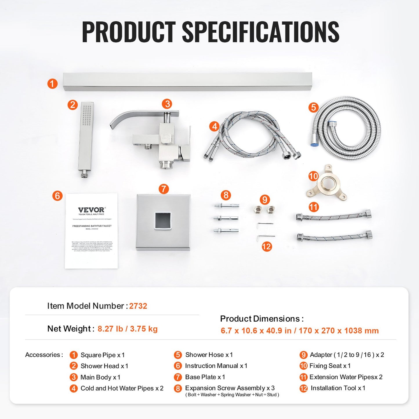 Freestanding Bathtub Faucet, Floor Mount, Freestanding Tub Filler, Shower Mixer Taps, Two Water Modes, Swivel V952-PBKSLTLSNSFXVFF0JV0