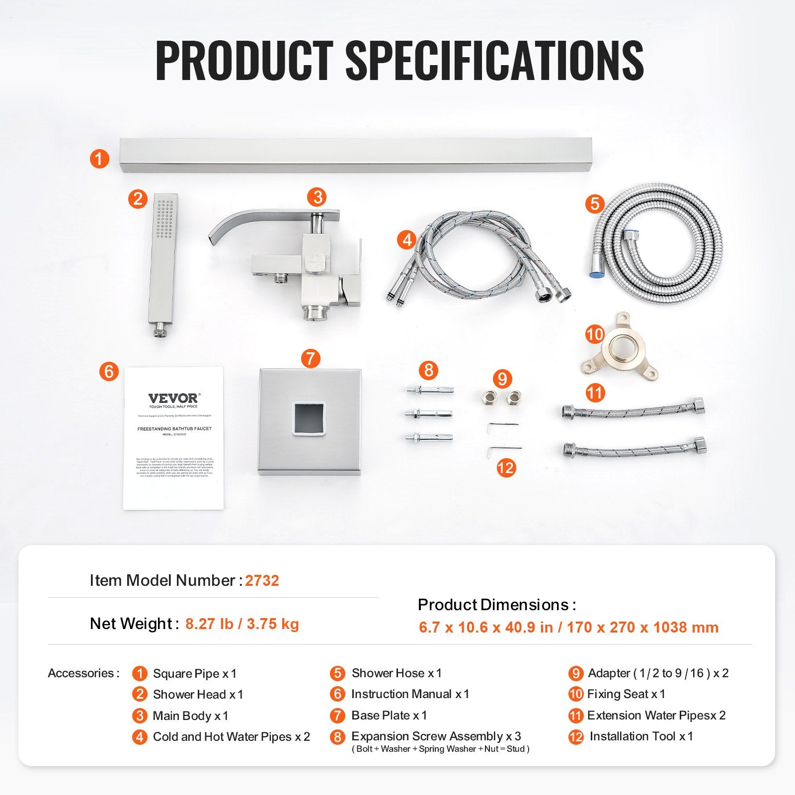 Freestanding Bathtub Faucet, Floor Mount, Freestanding Tub Filler, Shower Mixer Taps, Two Water Modes, Swivel V952-PBKSLTLSNSFXVFF0JV0