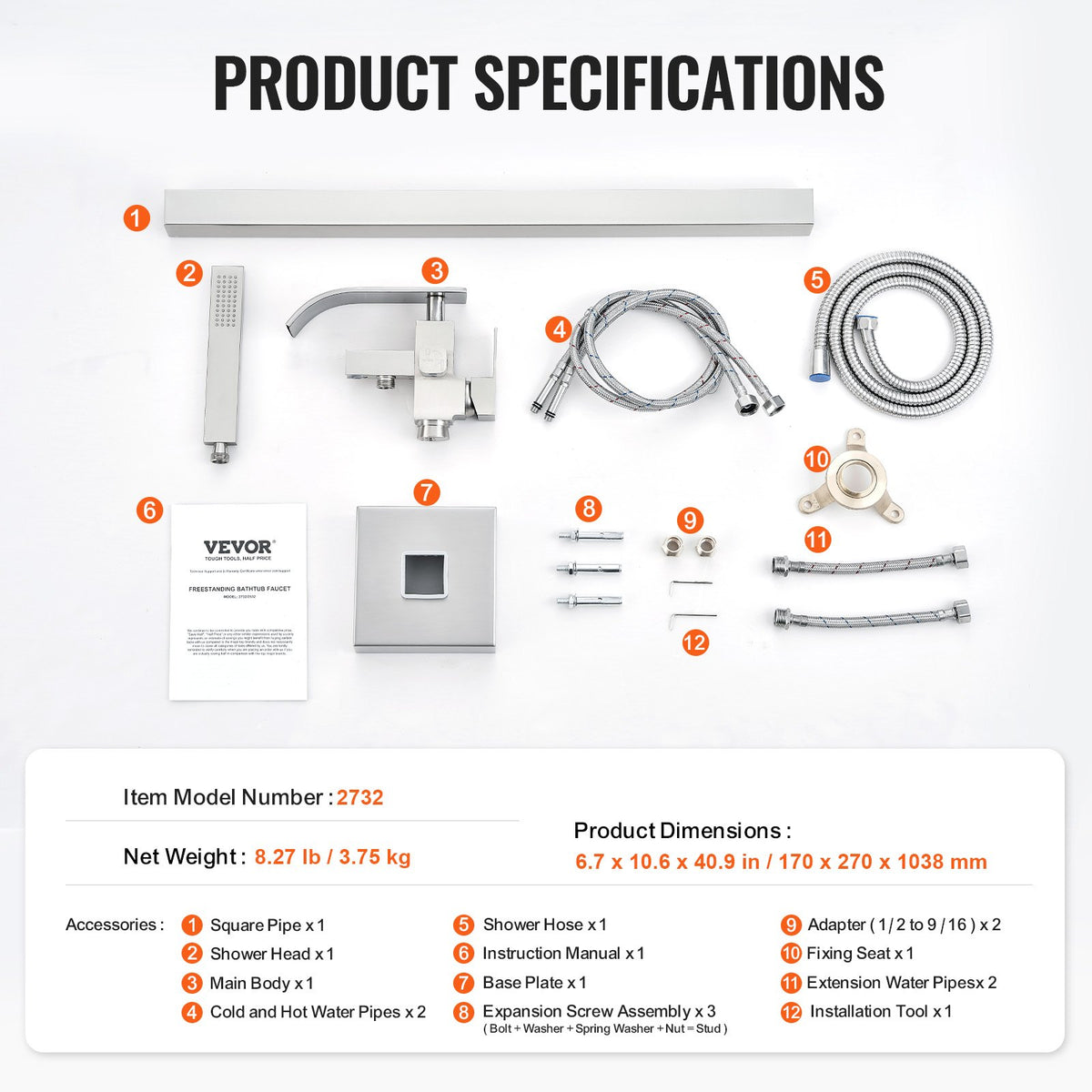 Freestanding Bathtub Faucet, Floor Mount, Freestanding Tub Filler, Shower Mixer Taps, Two Water Modes, Swivel V952-PBKSLTLSNSFXVFF0JV0