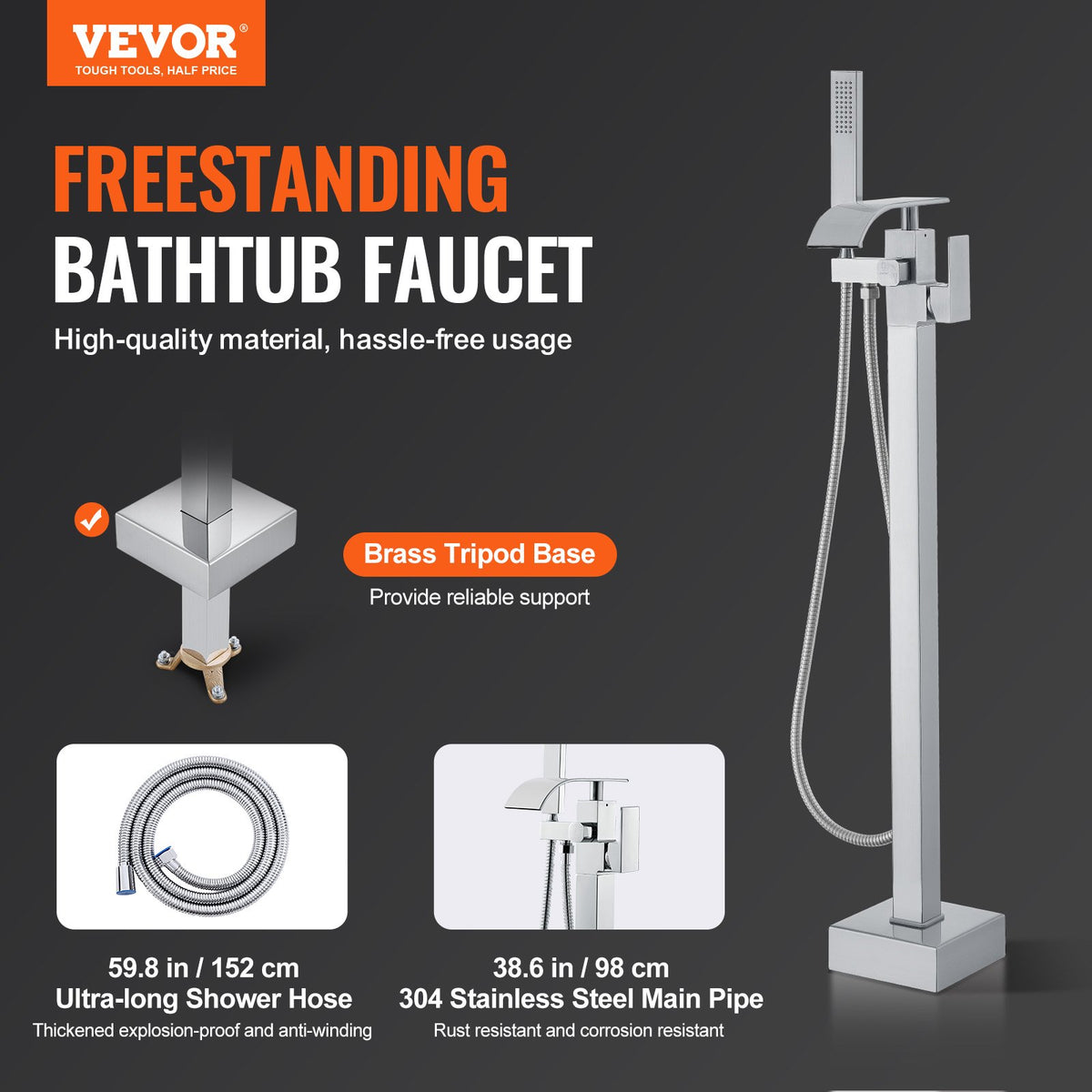 Freestanding Bathtub Faucet, Floor Mount, Freestanding Tub Filler, Shower Mixer Taps, Two Water Modes, 360 V952-PBKSLTPGGSFXY1TTZV0