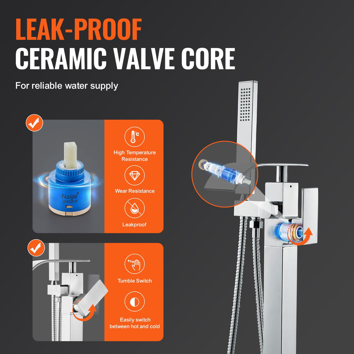 Freestanding Bathtub Faucet, Floor Mount, Freestanding Tub Filler, Shower Mixer Taps, Two Water Modes, 360 V952-PBKSLTPGGSFXY1TTZV0