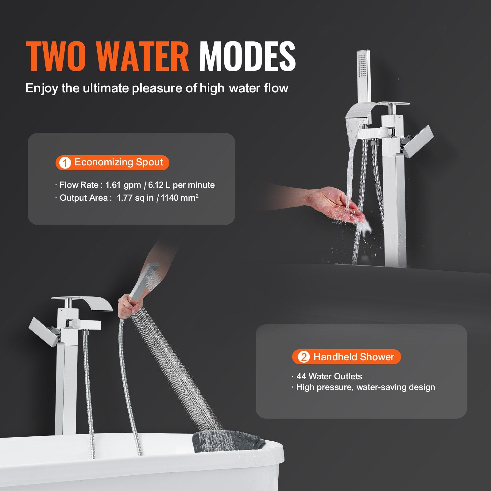 Freestanding Bathtub Faucet, Floor Mount, Freestanding Tub Filler, Shower Mixer Taps, Two Water Modes, 360 V952-PBKSLTPGGSFXY1TTZV0