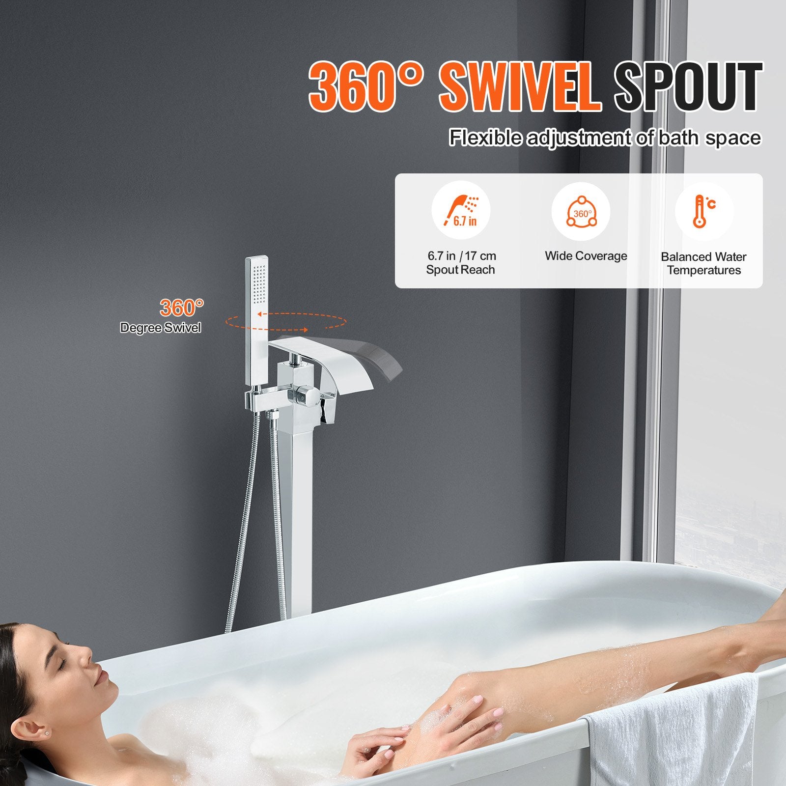 Freestanding Bathtub Faucet, Floor Mount, Freestanding Tub Filler, Shower Mixer Taps, Two Water Modes, 360 V952-PBKSLTPGGSFXY1TTZV0