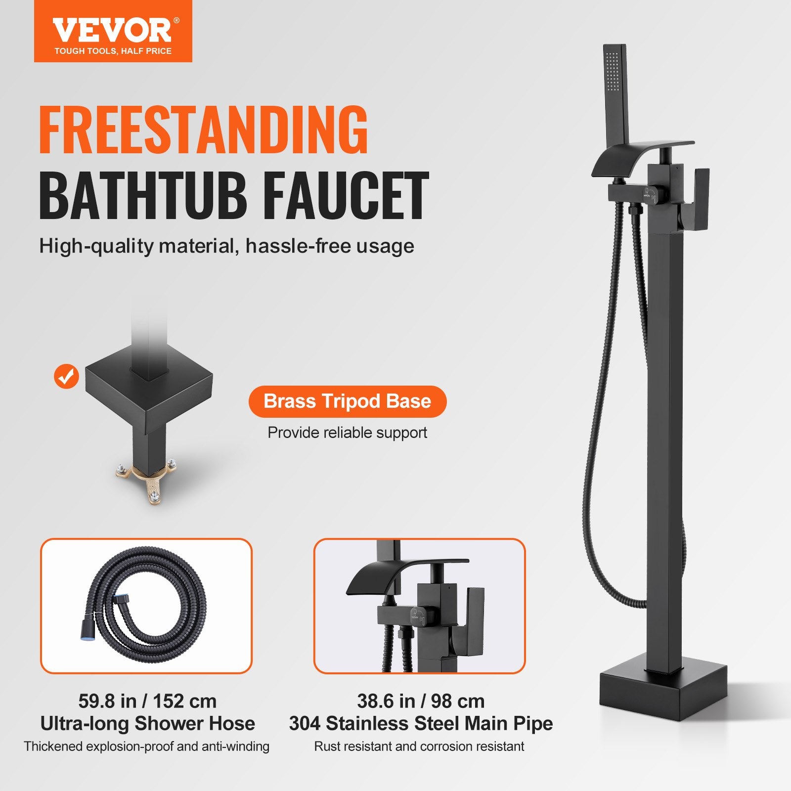 Freestanding Bathtub Faucet, Floor Mount, Freestanding Tub Filler, Shower Mixer Taps, Two Water Modes, 360 V952-PBKSLTSFXYGHC2R75V0
